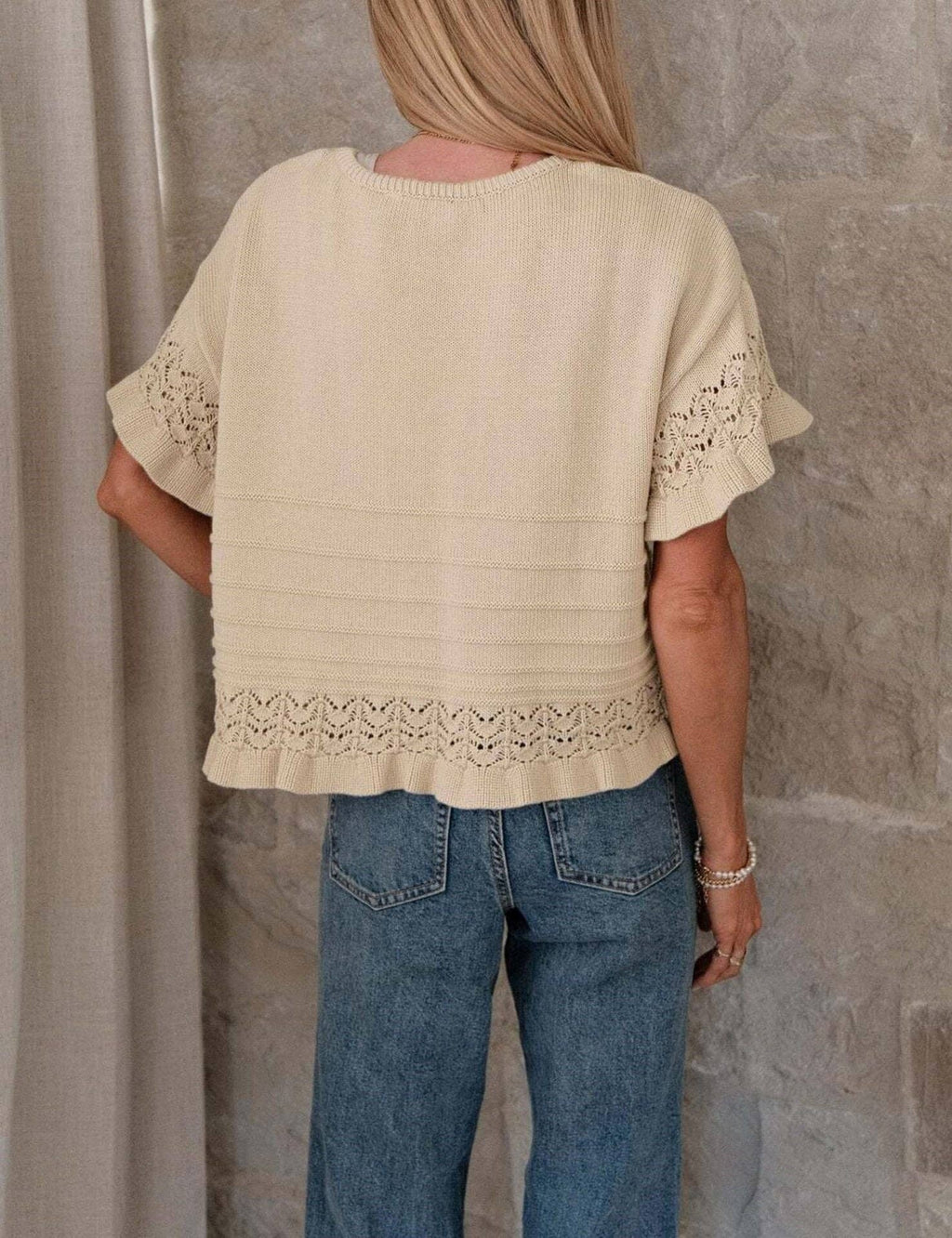 Boho Solid Knit Top Casual Eyelet Ruffle Sleeve
