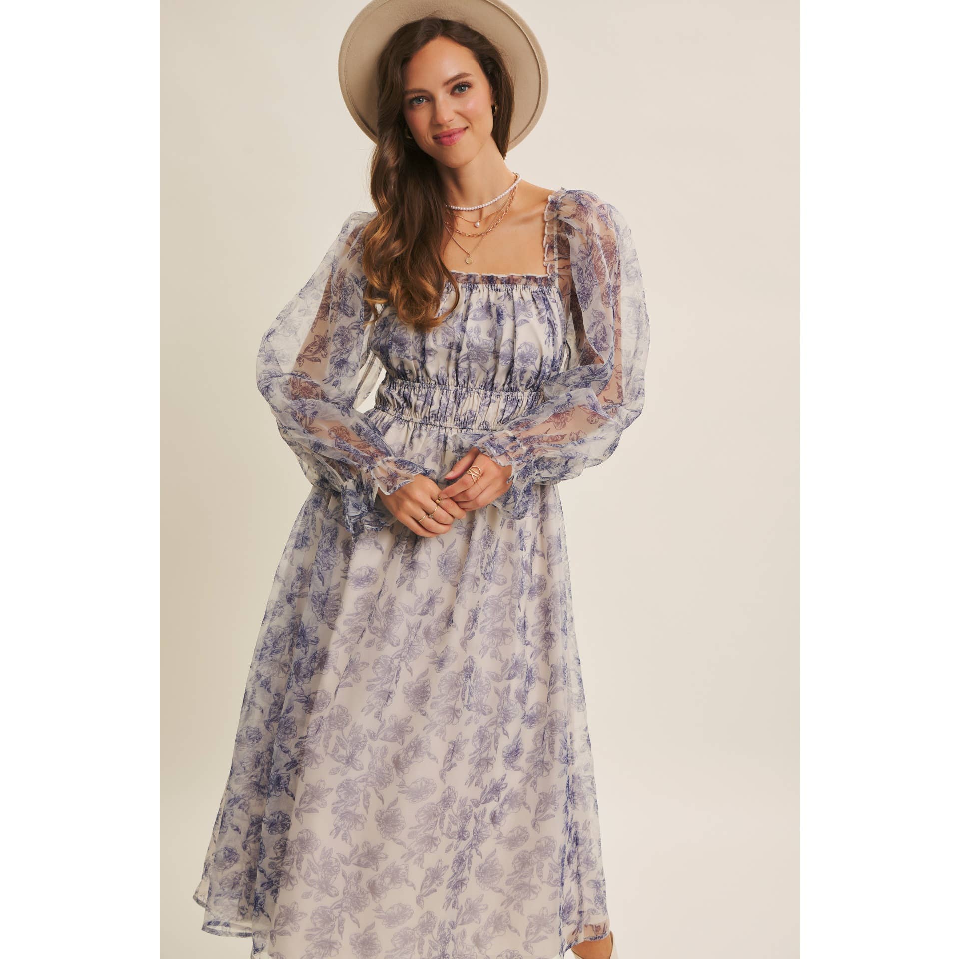 ETHEREAL GRACE FLORAL ORGANZA MIDI DRESS WITH ELASTIC WAIST