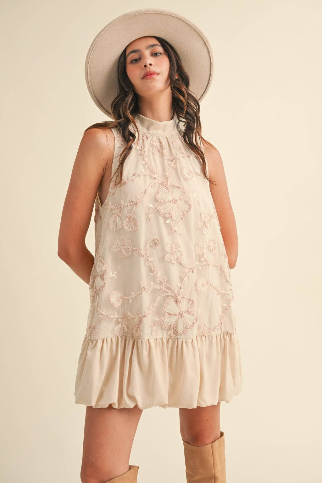 BUBBLE HEM EMBELLISHED MIXED MEDIA MINI DRESS MDR3691