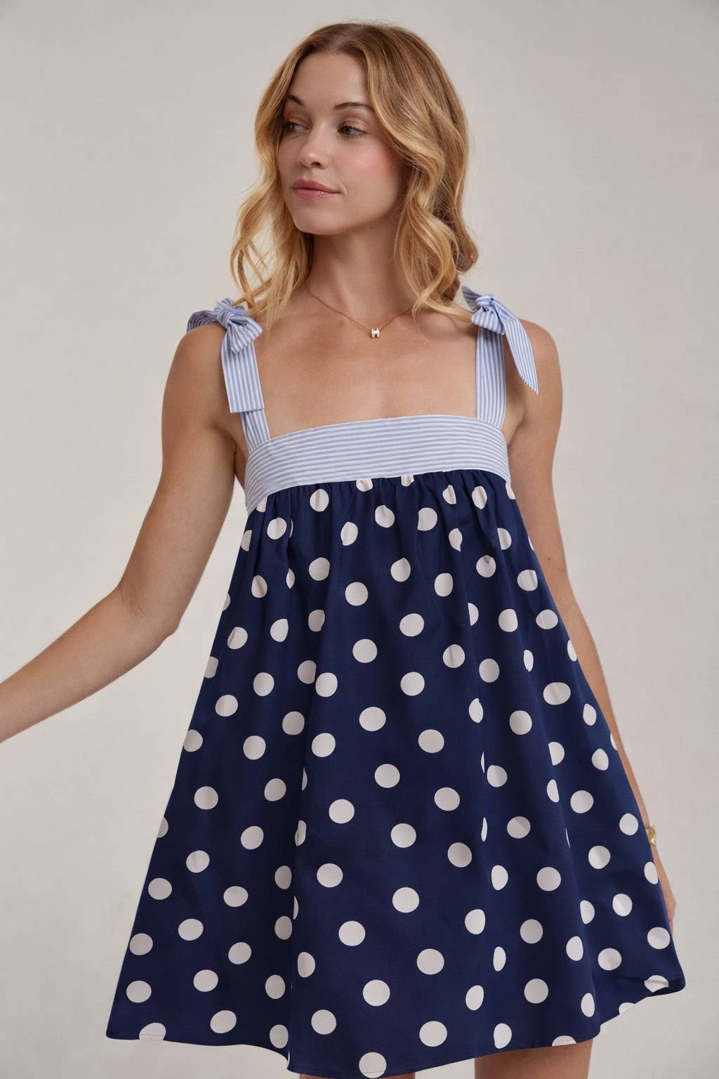 POLKA DOT BABYDOLL A LINE MINI DRESS WITH STRIPE BODICE