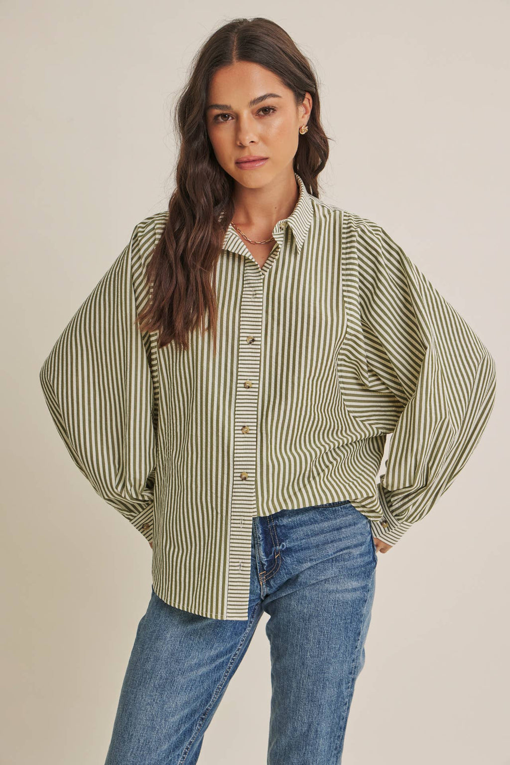 FRENCH CAFE MIXED STRIPE BATWING BUTTON-DOWN SHIRT