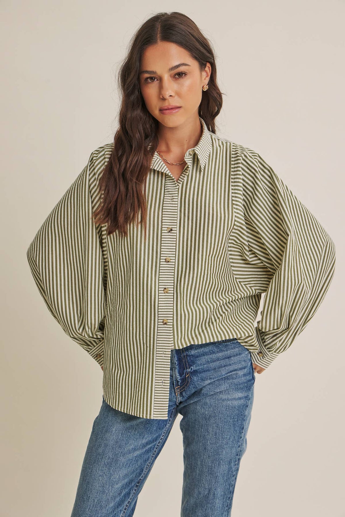 FRENCH CAFE MIXED STRIPE BATWING BUTTON-DOWN SHIRT