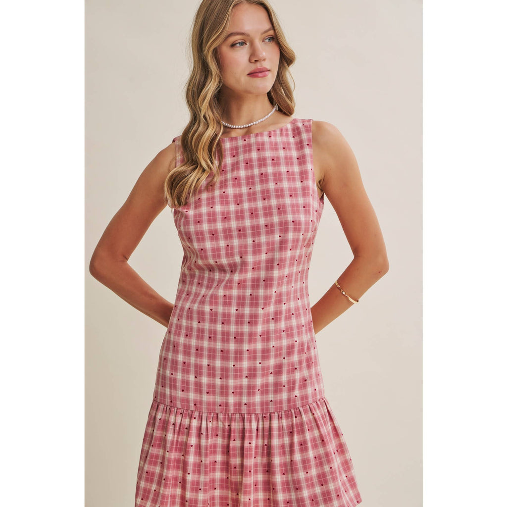 CHARMING FLOCKED PLAID TAILORED DROP WAIST MINI DRESS