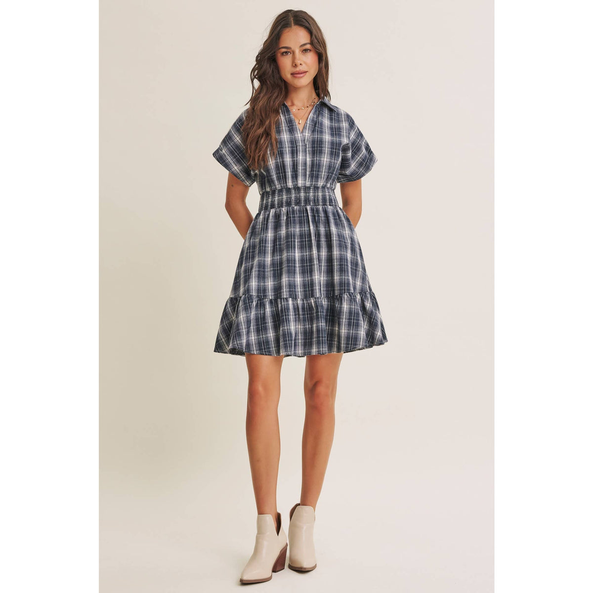 AUTUMN PICNIC DROP SHOULDER PLAID SMOCKED WAIST MINI DRESS