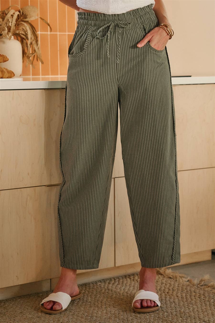 LINEN BLEND STRIPED CASUAL RELAXED PANTS WITH DRAWSTRING