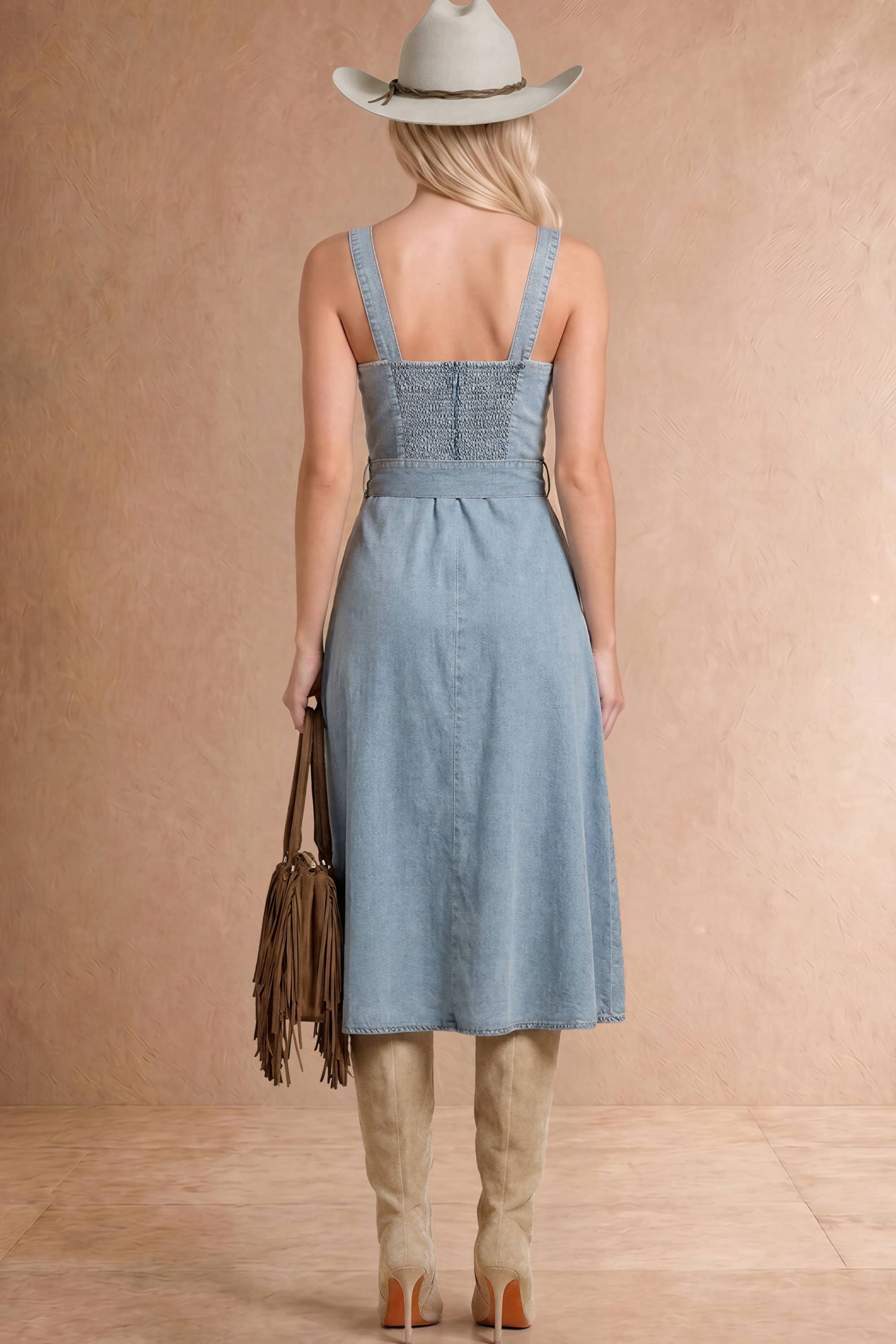 Denim Midi Dress With Thigh Slit And Self Belt