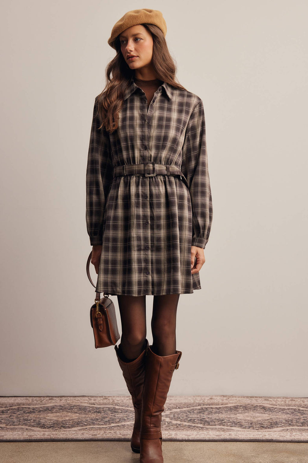 Belted Plaid Shirt Dress FD0063