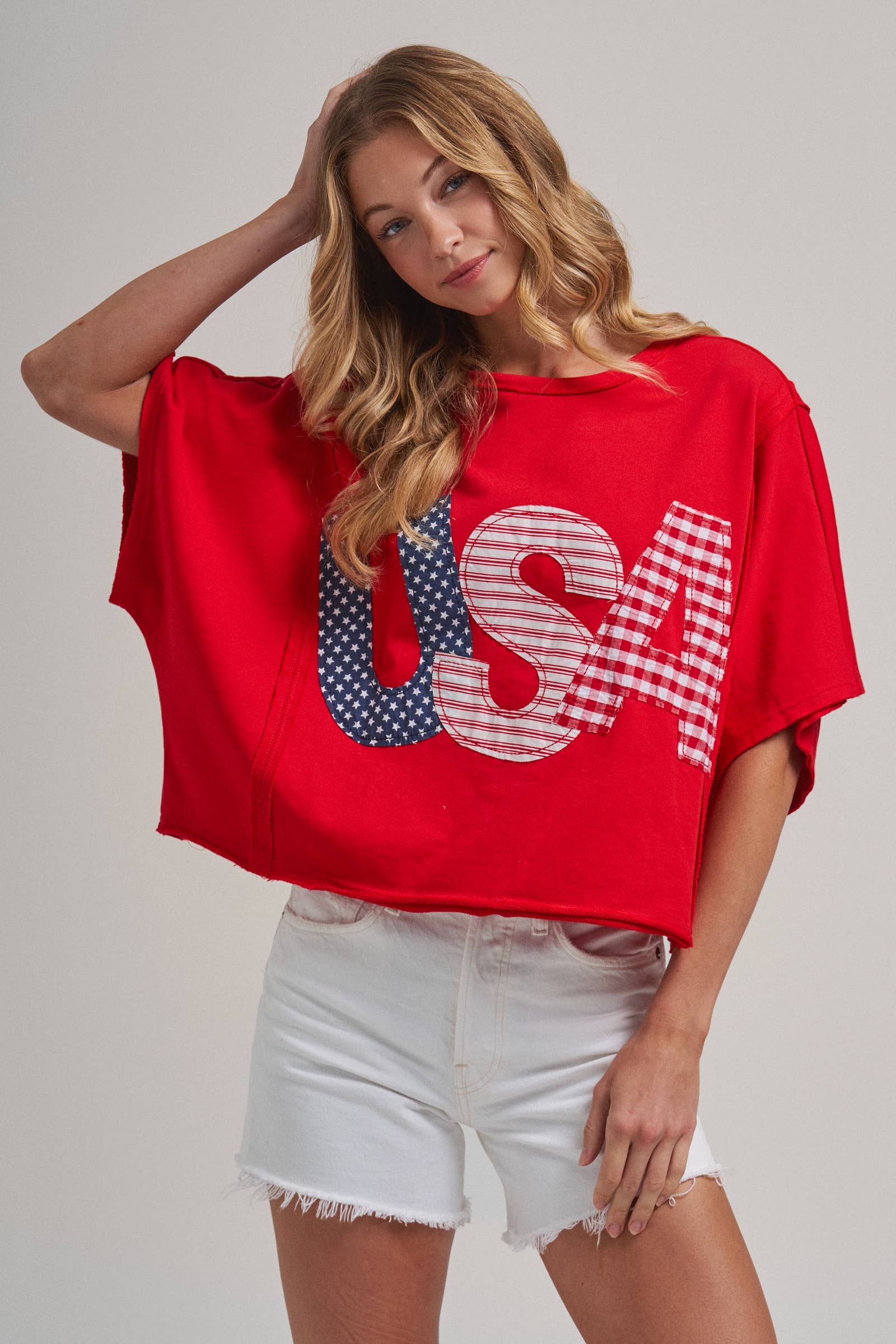 BIG USA LETTER PATCH OVERSIZED 4TH OF JULY KNIT TOP