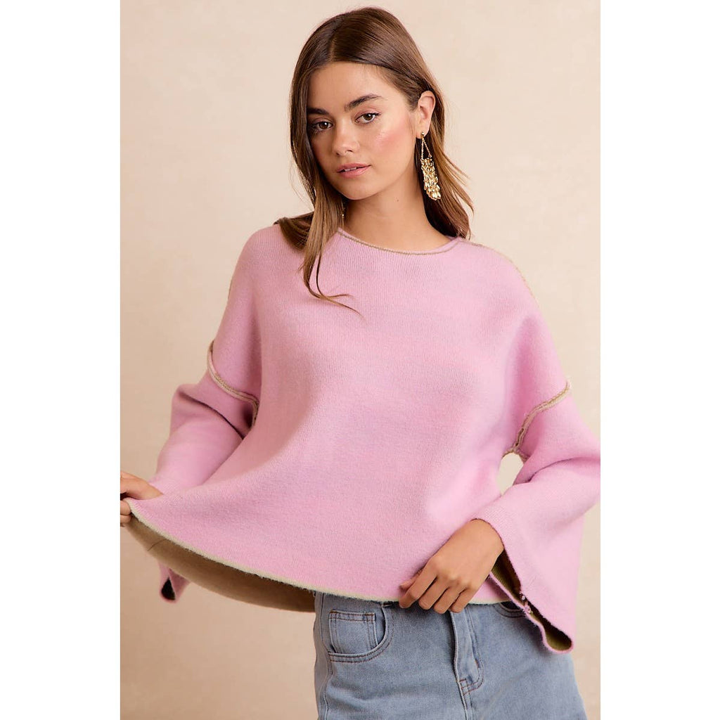 STRIPE CONTRAST BINDING AND REVERSIBLE SWEATER