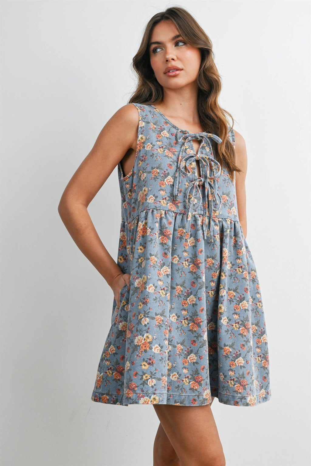 Floral Tie-Front Babydoll Dress - BMD8380