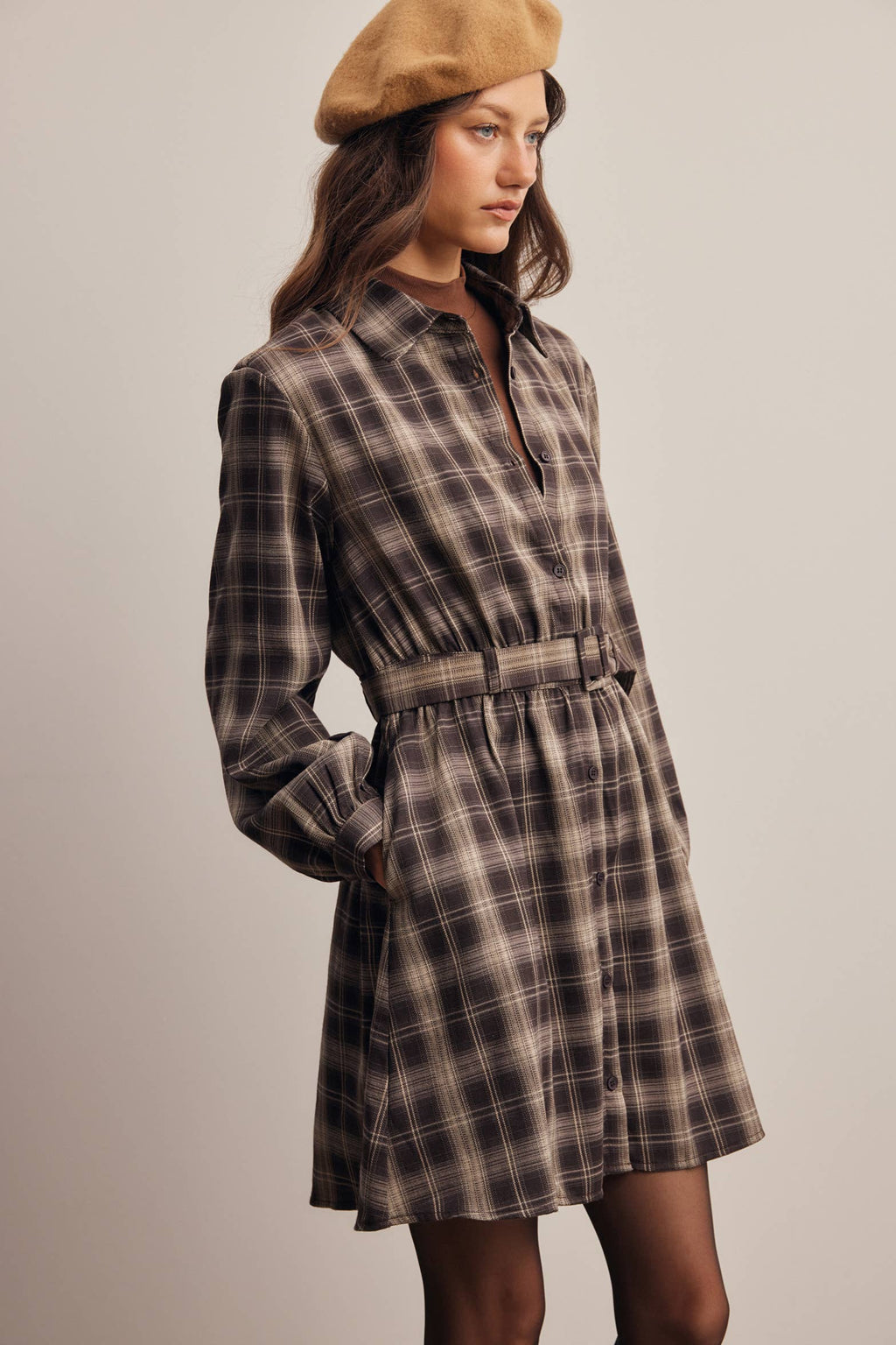 Belted Plaid Shirt Dress FD0063
