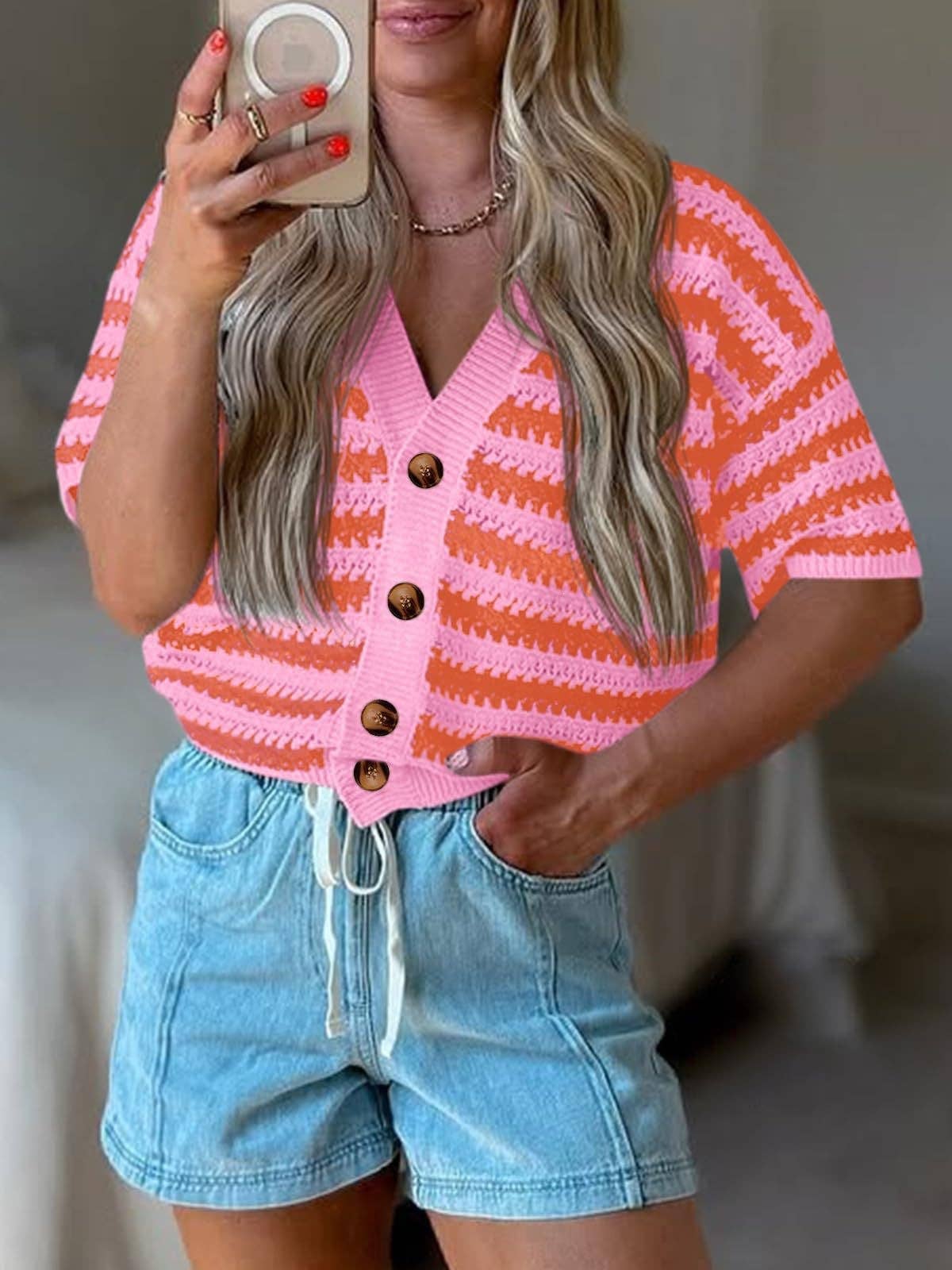 Striped Knit Cardigan Casual V Neck Button Front