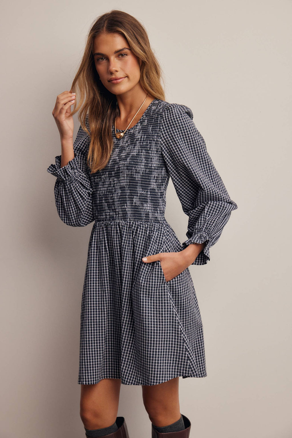 Smocked Gingham Mini Dress FD0071