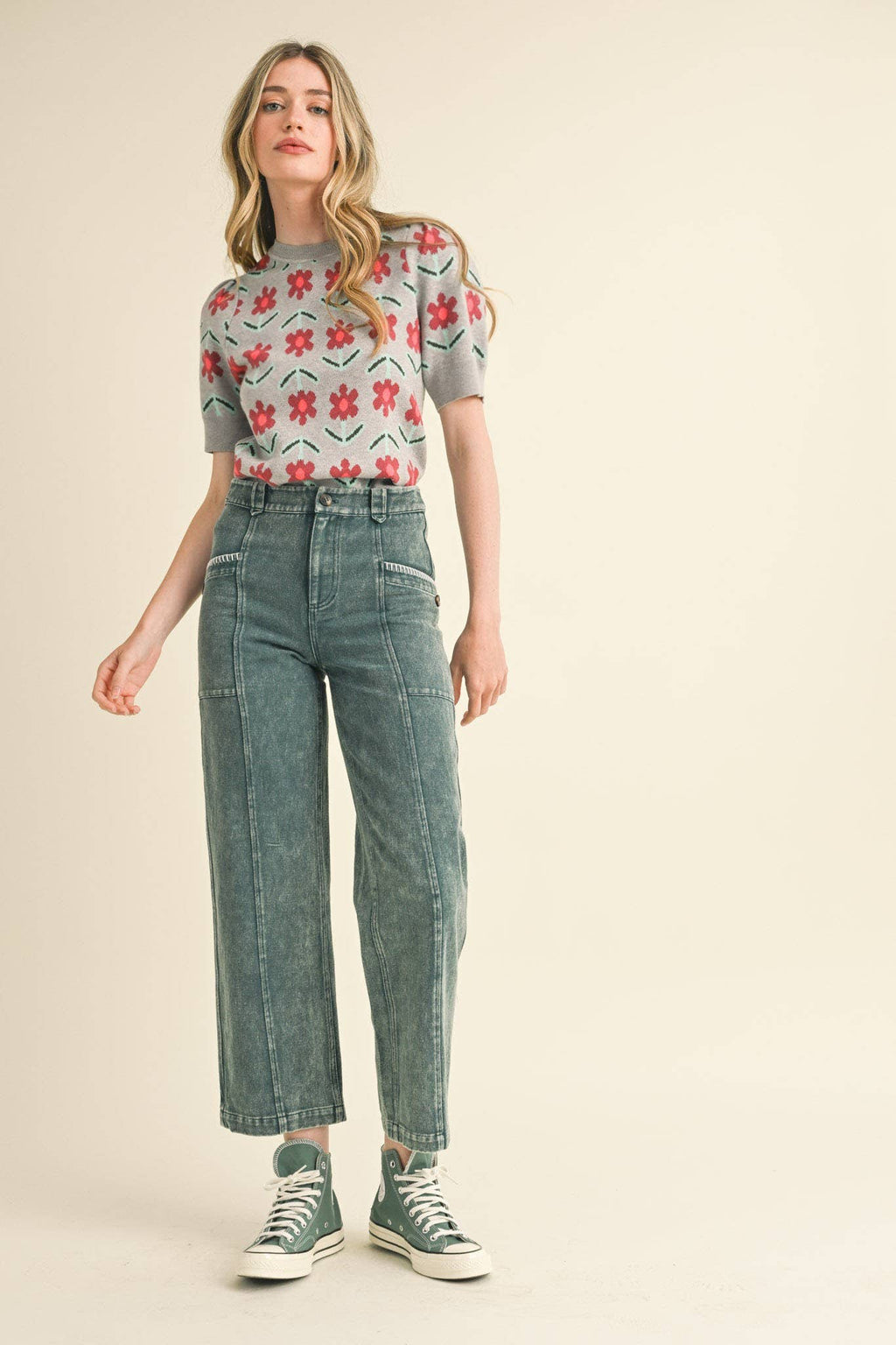 SHORT SLEEVE FLORAL KNIT SWEATER MSW10510