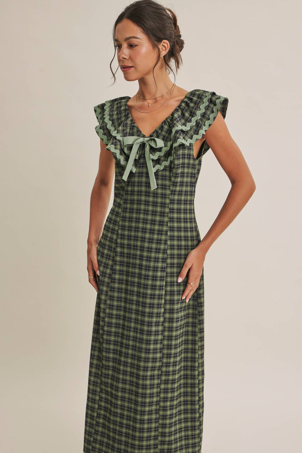 AUTUMN HARVEST RUFFLED PLAID BODY SKIMMING SLIT MIDI DRESS