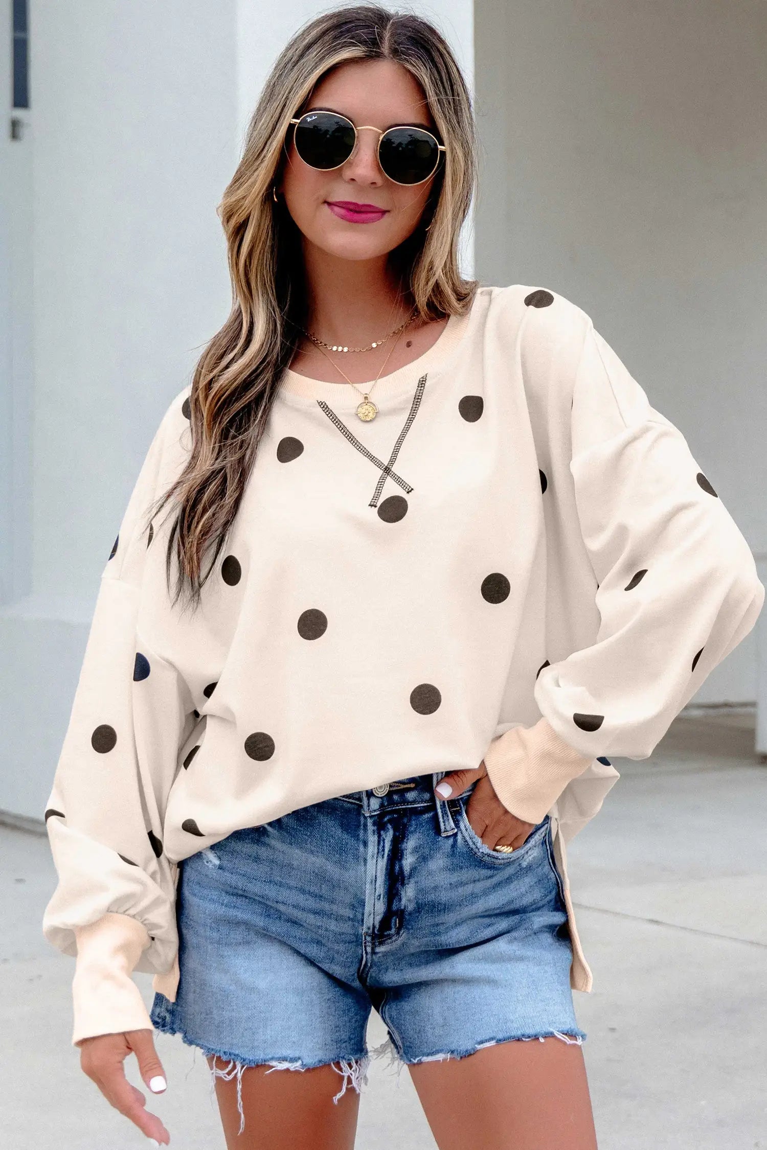 Polka Dot Sweatshirt Oversized Balloon Sleeve Top
