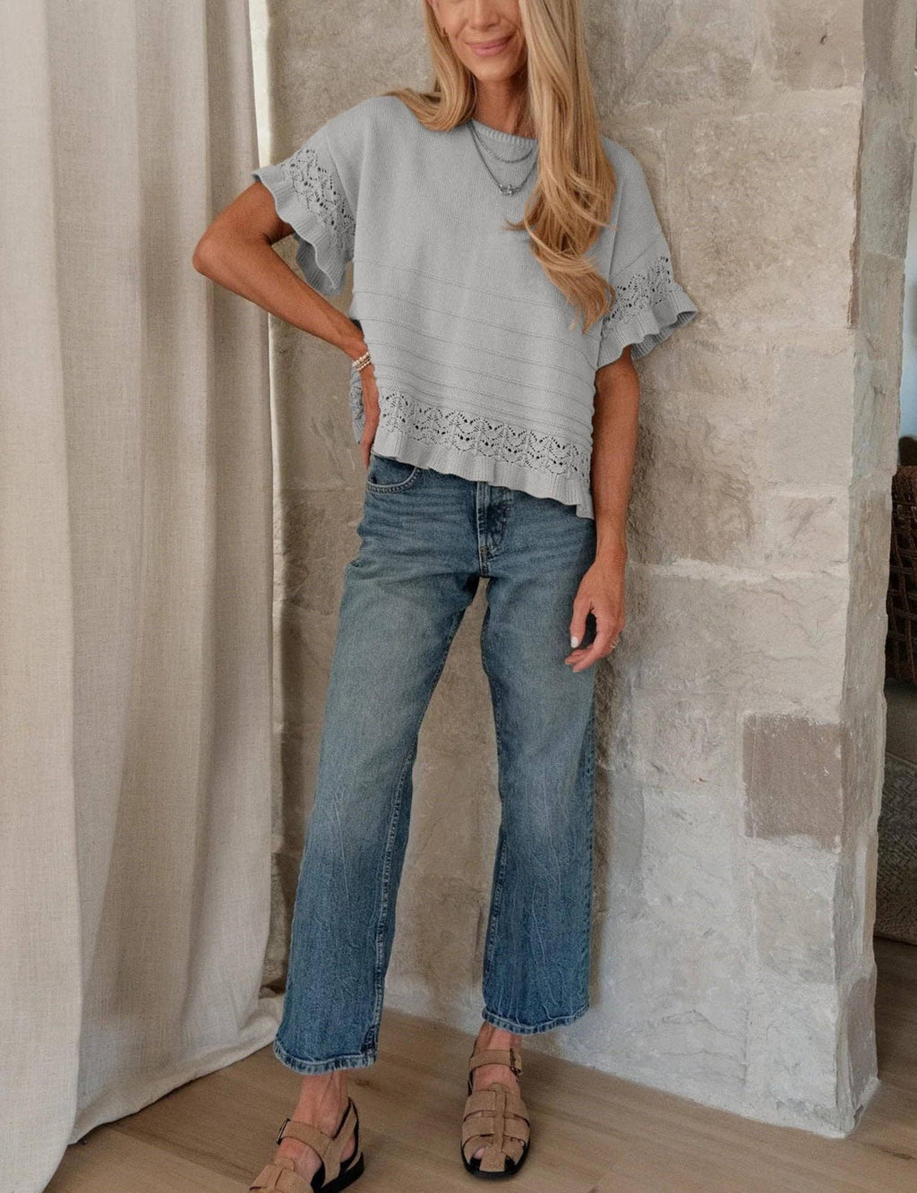 Boho Solid Knit Top Casual Eyelet Ruffle Sleeve