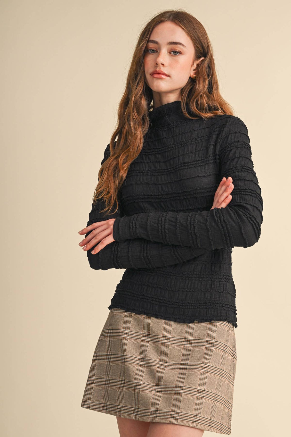 SHIRRED LONG SLEEVE MOCK NECK TOP MTP5407