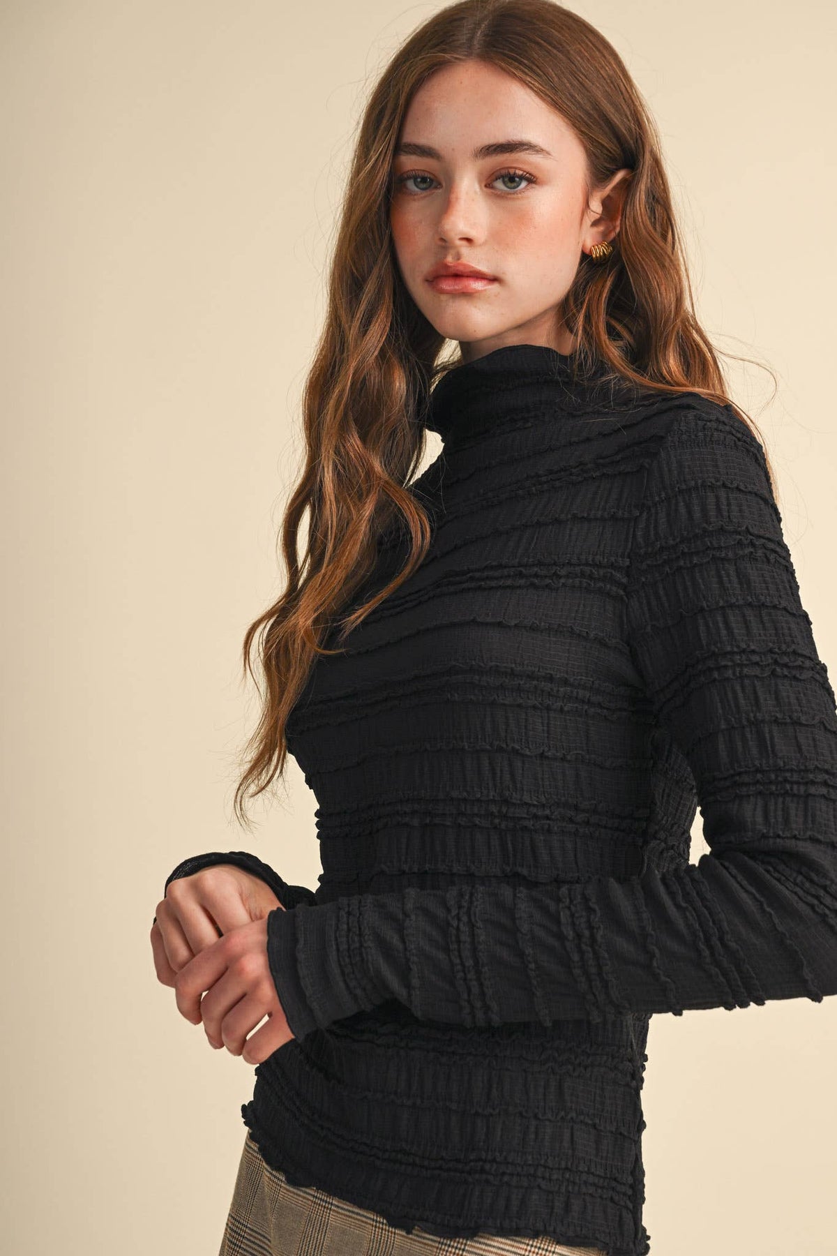 SHIRRED LONG SLEEVE MOCK NECK TOP MTP5407