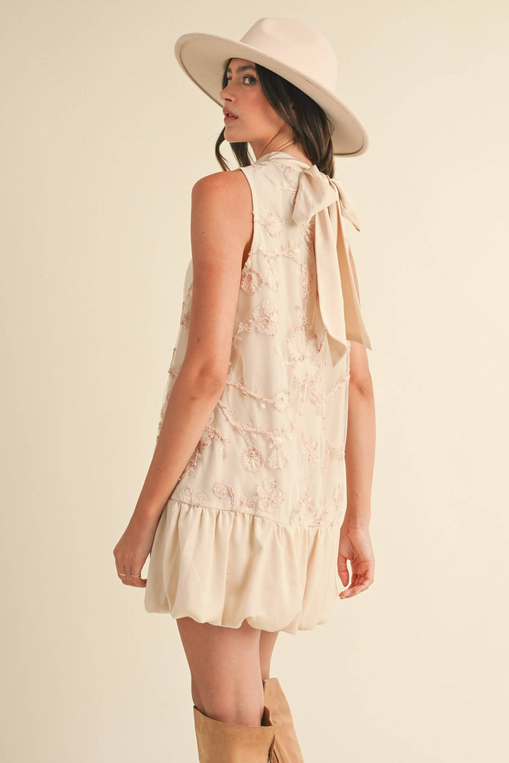 BUBBLE HEM EMBELLISHED MIXED MEDIA MINI DRESS MDR3691