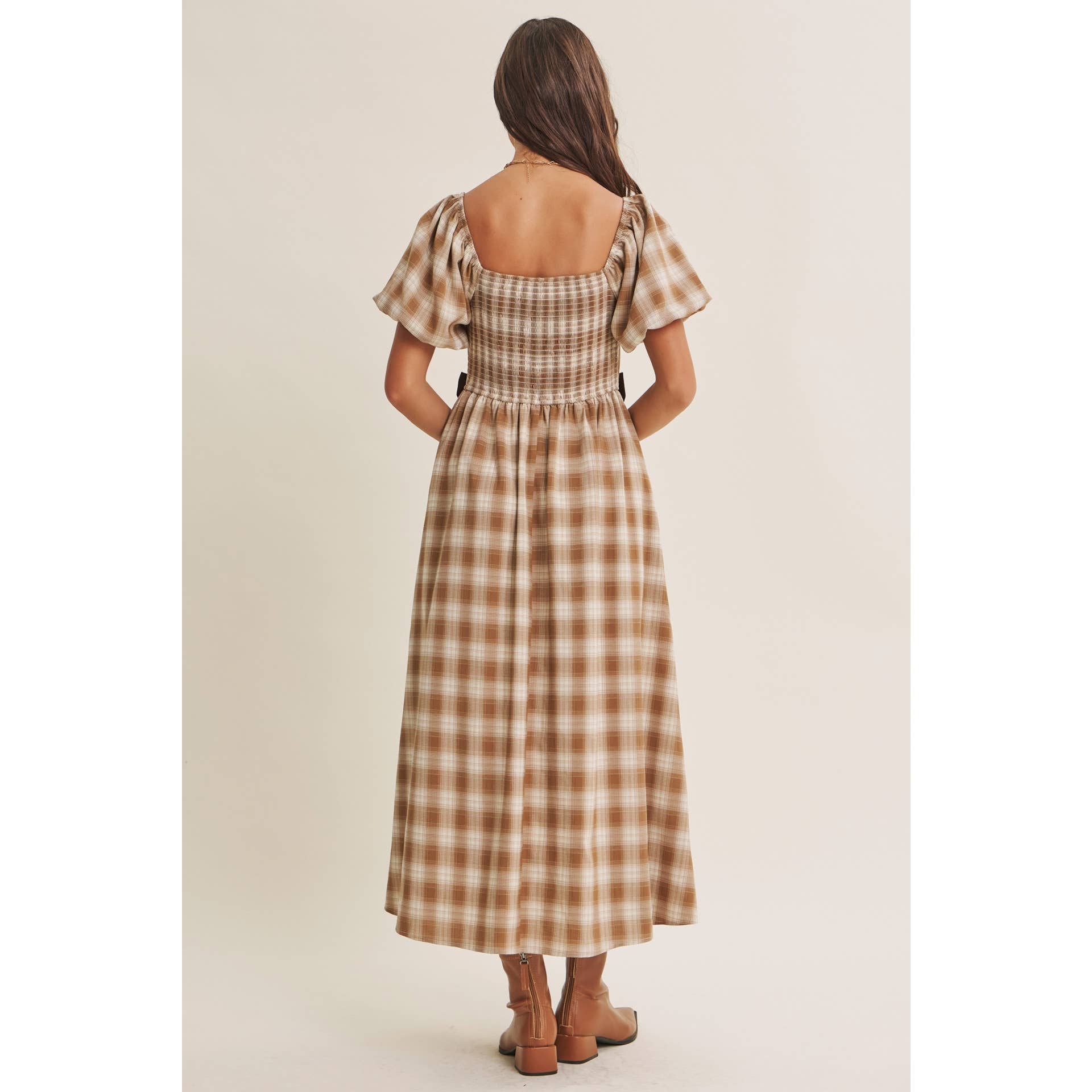 GOLDEN FIELD PLAID SMOCKED MIDI DRESS WITH CONTRAST BOW
