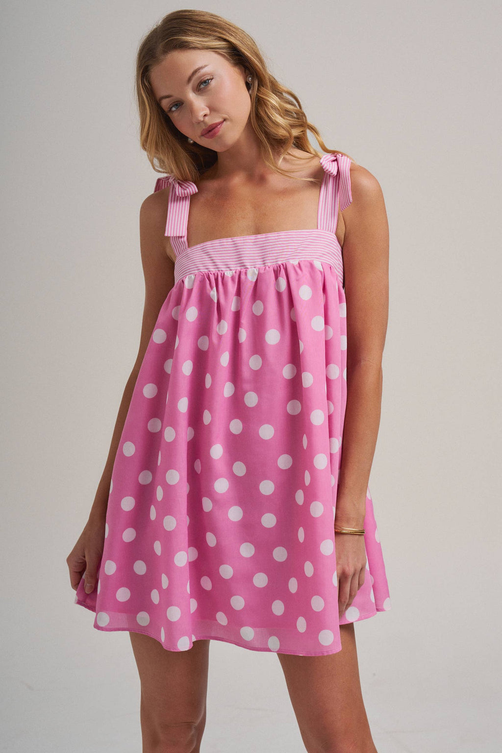 POLKA DOT BABYDOLL A LINE MINI DRESS WITH STRIPE BODICE