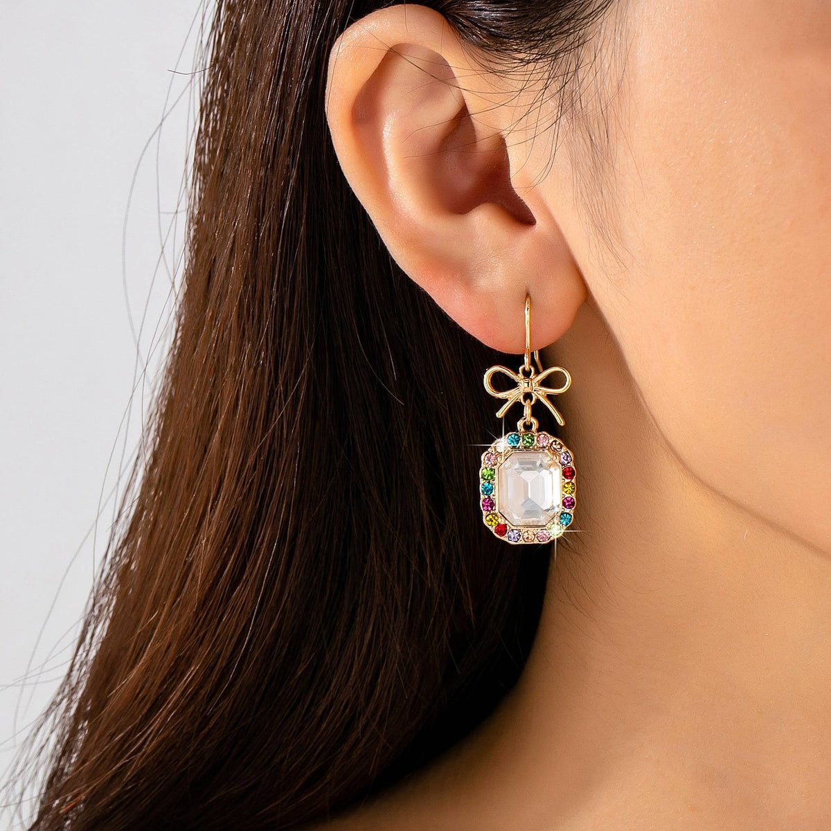 Bow & Emerald-Cut Rainbow Crystal Drop Earrings | 80E62407