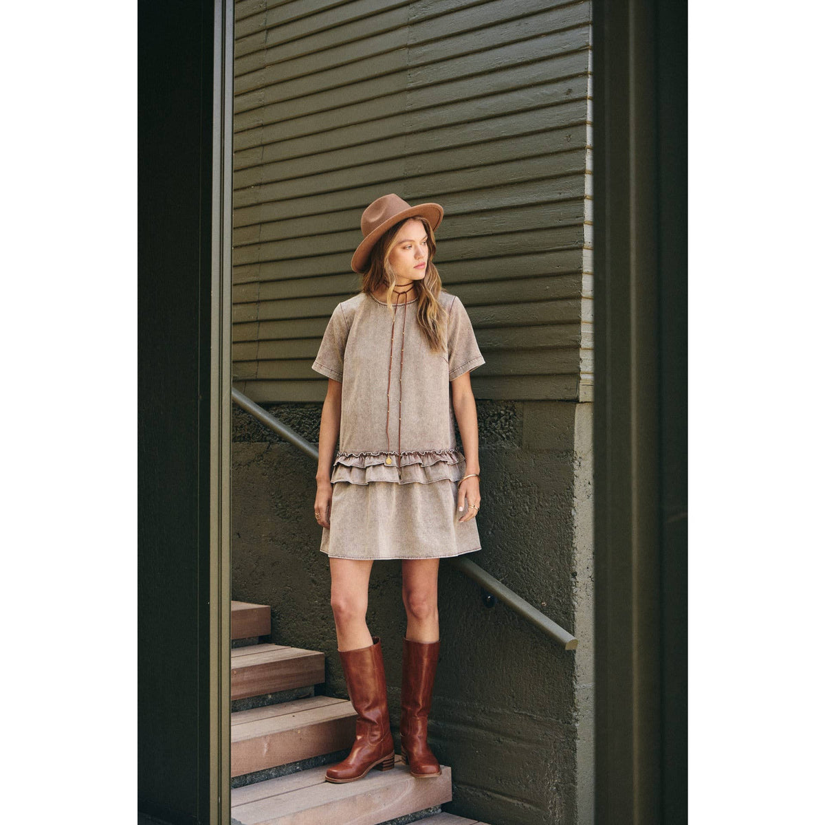 DUSTY ROAD MINERAL-WASHED COTTON TWILL RUFFLED MINI DRESS