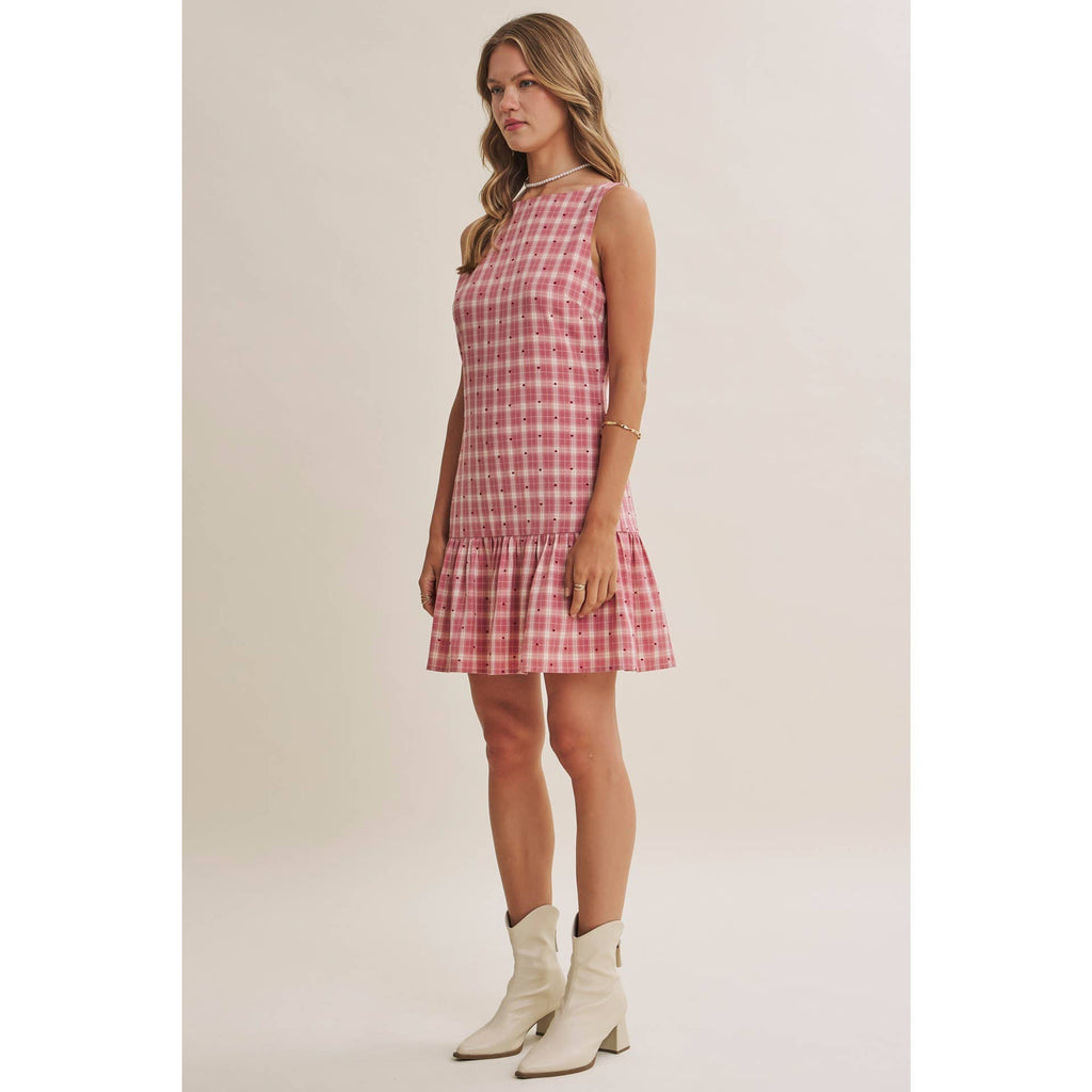 CHARMING FLOCKED PLAID TAILORED DROP WAIST MINI DRESS