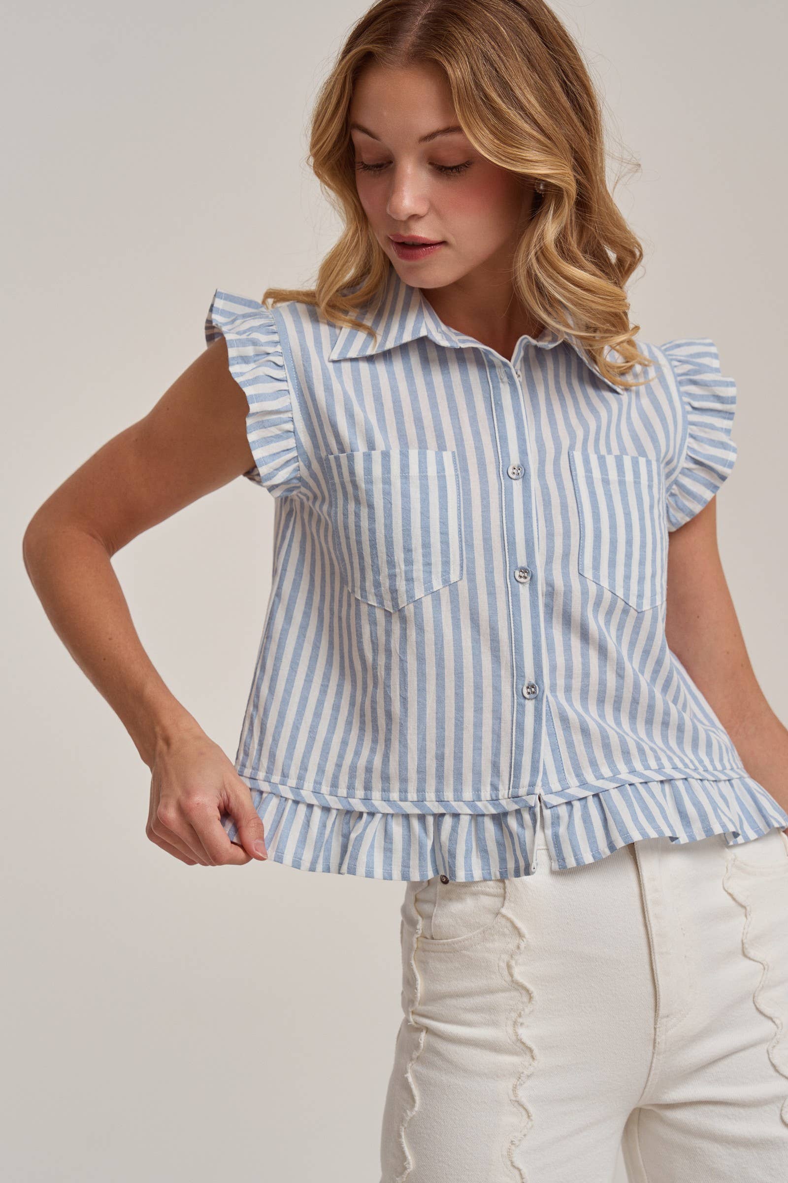 STRIPE BUTTON FRONT SLEEVELESS BLOUSE TOP
