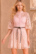 Mock Neck Collar Button Down Mini Lace Dress