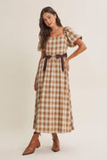 GOLDEN FIELD PLAID SMOCKED MIDI DRESS WITH CONTRAST BOW