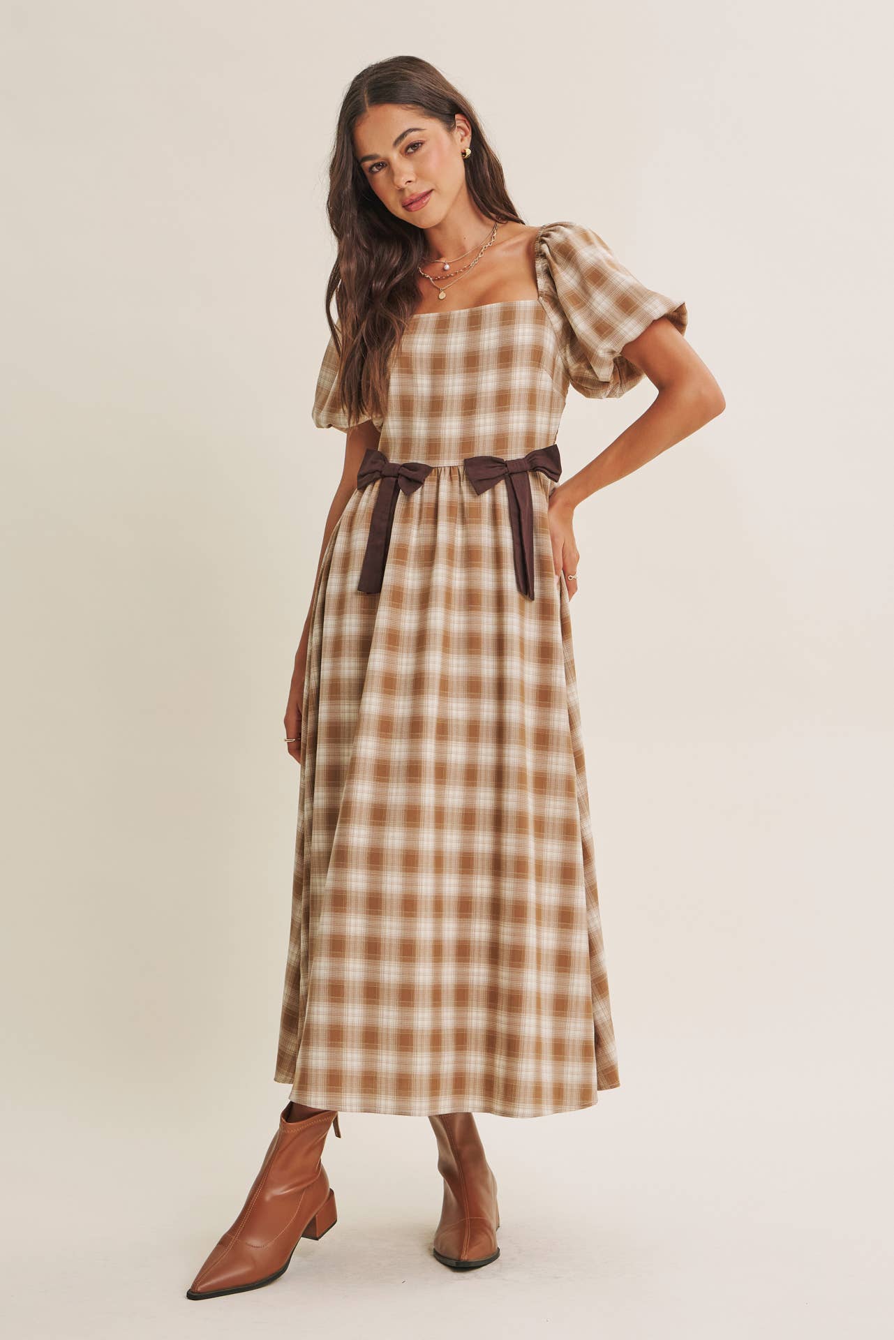 GOLDEN FIELD PLAID SMOCKED MIDI DRESS WITH CONTRAST BOW