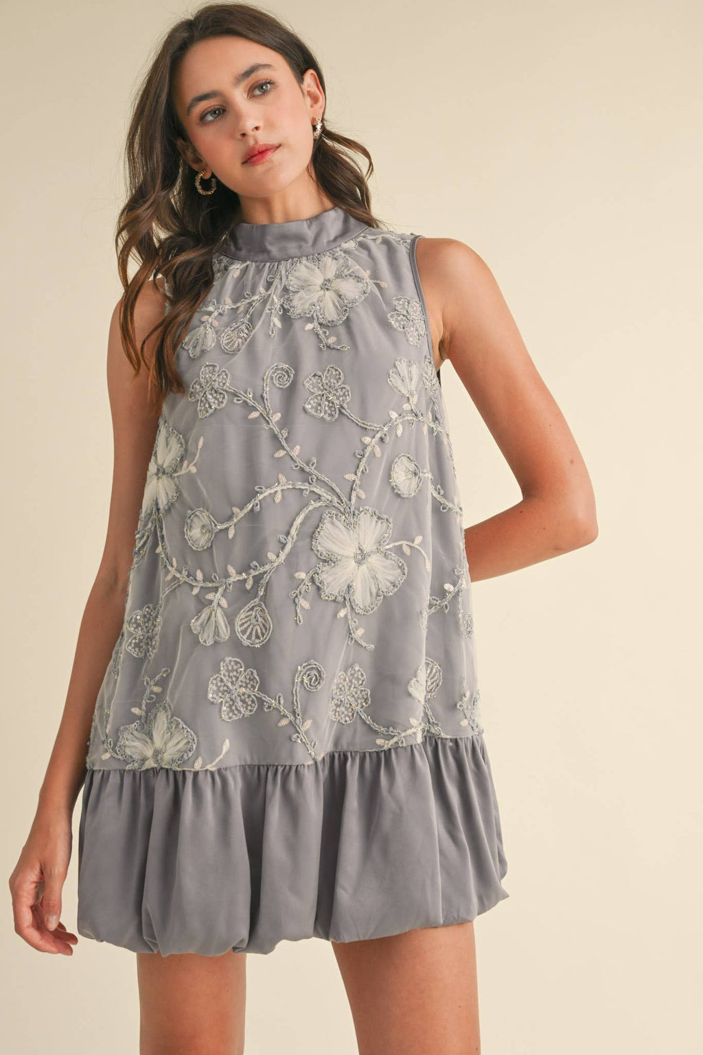 BUBBLE HEM EMBELLISHED MIXED MEDIA MINI DRESS MDR3691