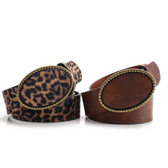 Western Oval Buckle Faux Leather & Leopard Belt | 40BT660