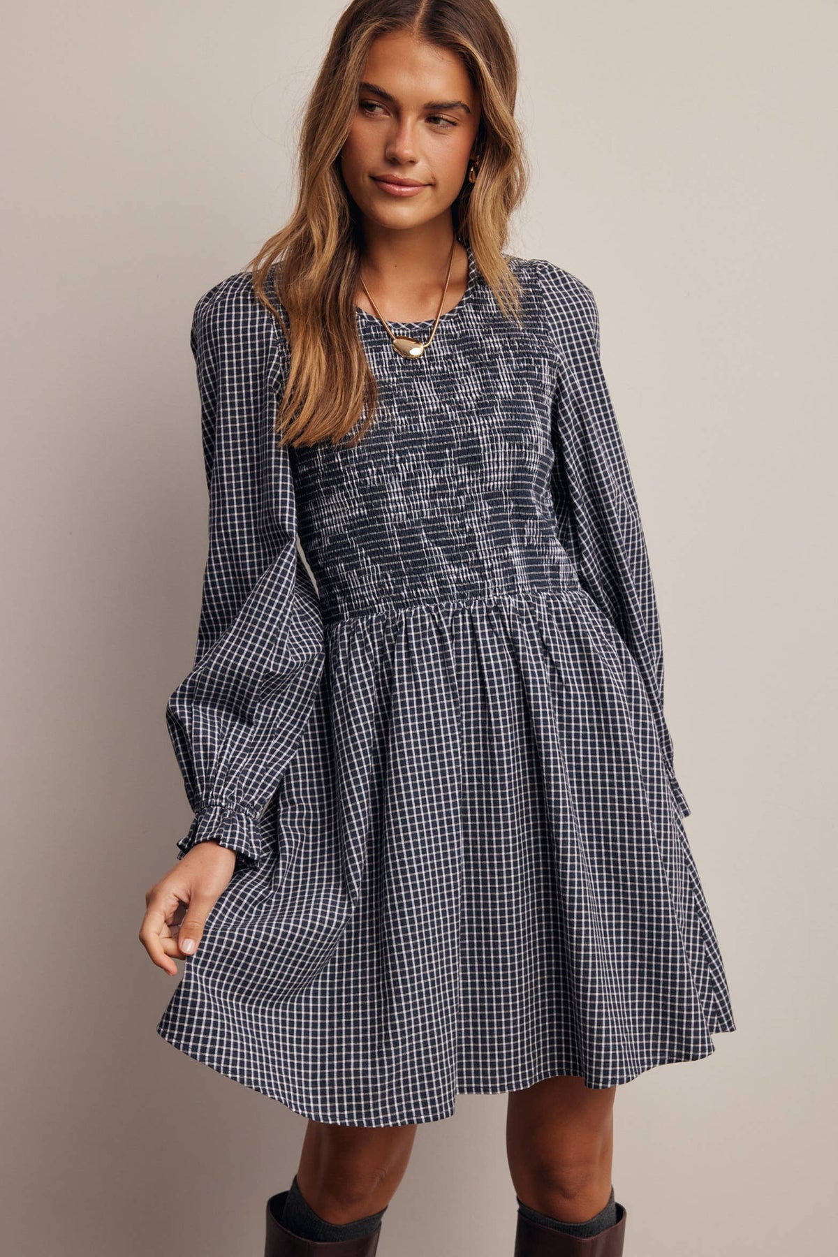 Smocked Gingham Mini Dress FD0071