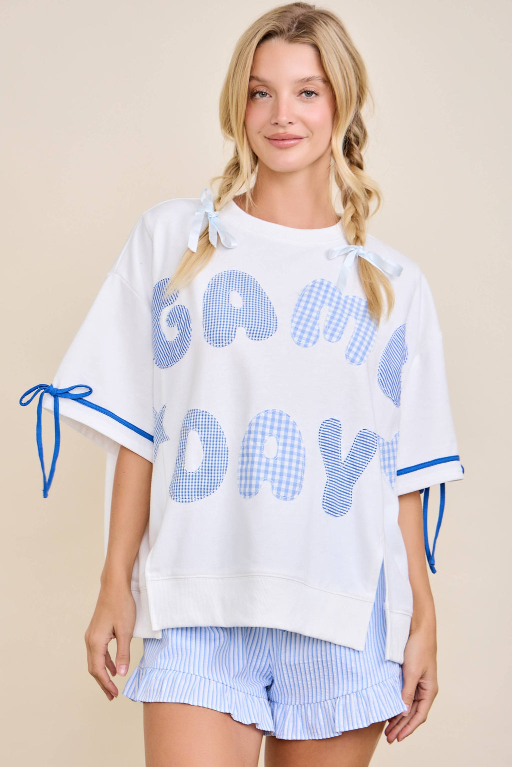 Game Day Patchwork Boxy Top – Ribbon Sleeve Western Style