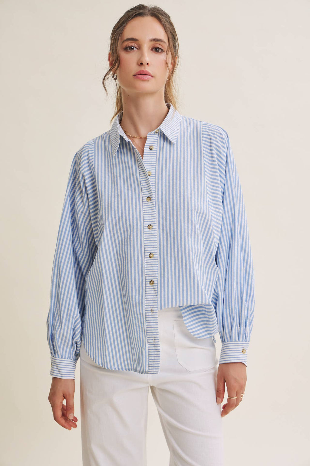 FRENCH CAFE MIXED STRIPE BATWING BUTTON-DOWN SHIRT