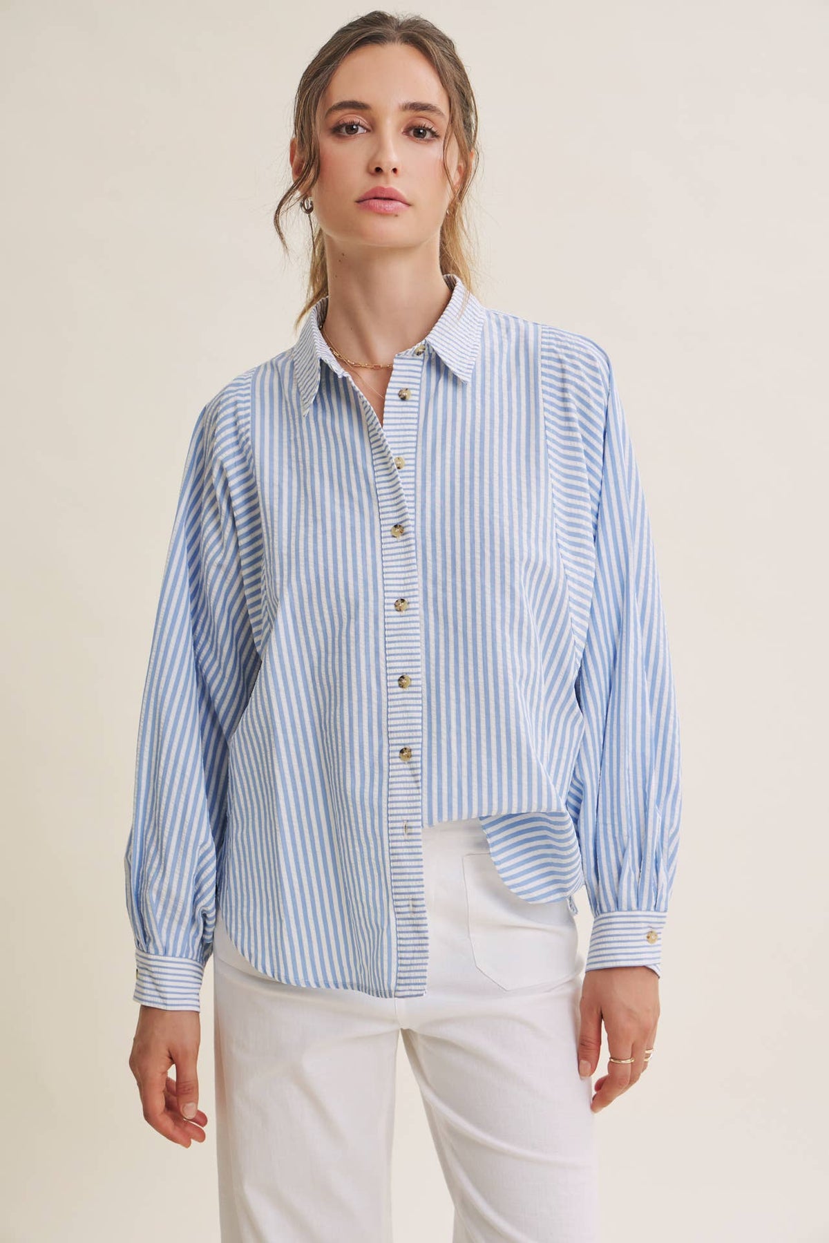 FRENCH CAFE MIXED STRIPE BATWING BUTTON-DOWN SHIRT