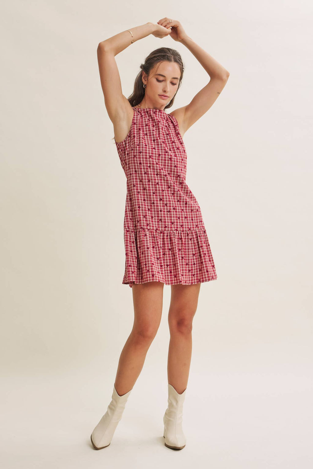 CHARMING FLOCKED PLAID TAILORED DROP WAIST MINI DRESS