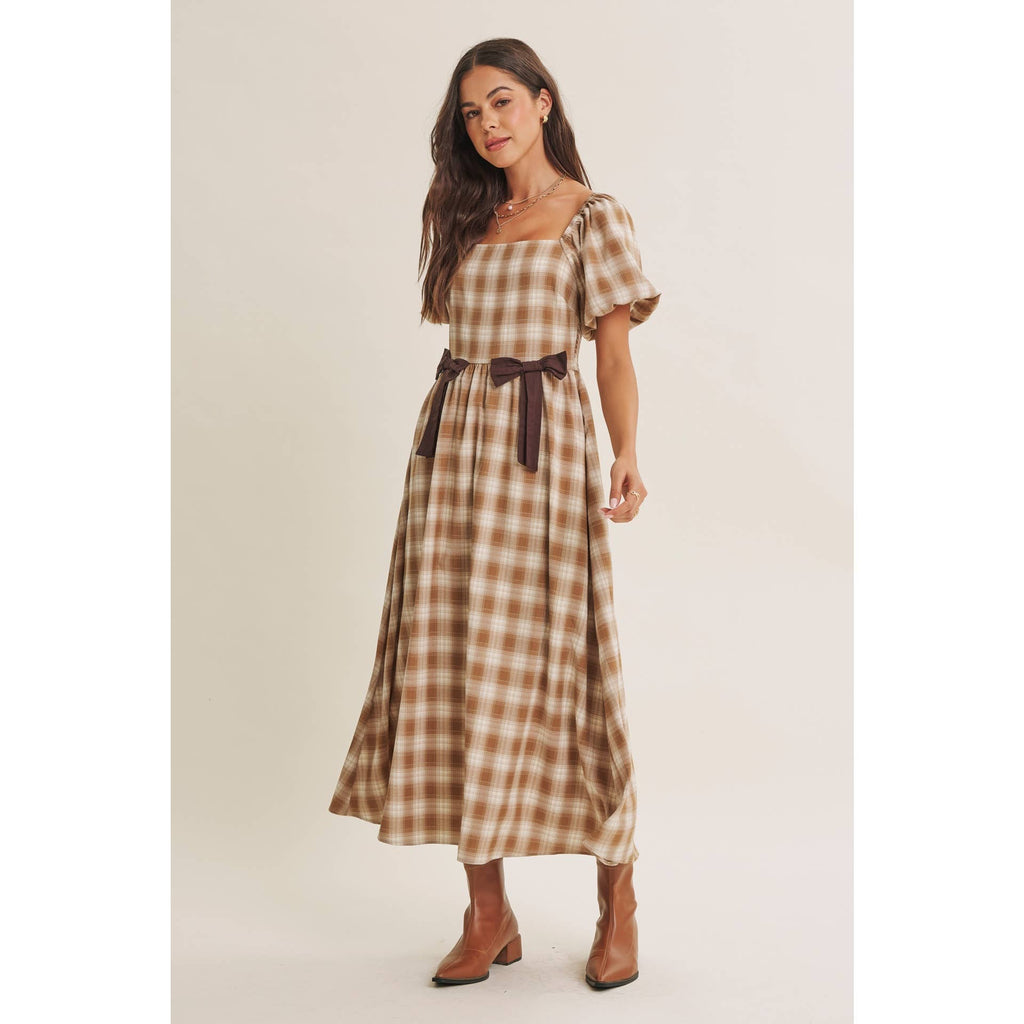 GOLDEN FIELD PLAID SMOCKED MIDI DRESS WITH CONTRAST BOW