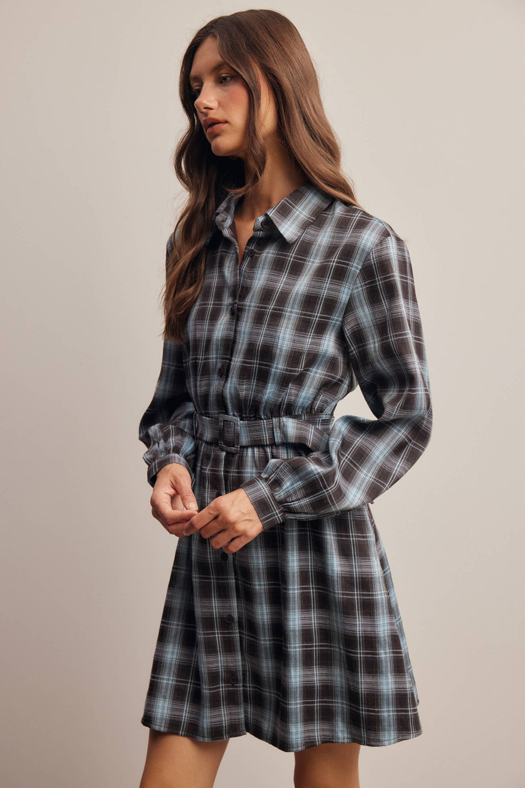 Belted Plaid Shirt Dress FD0063