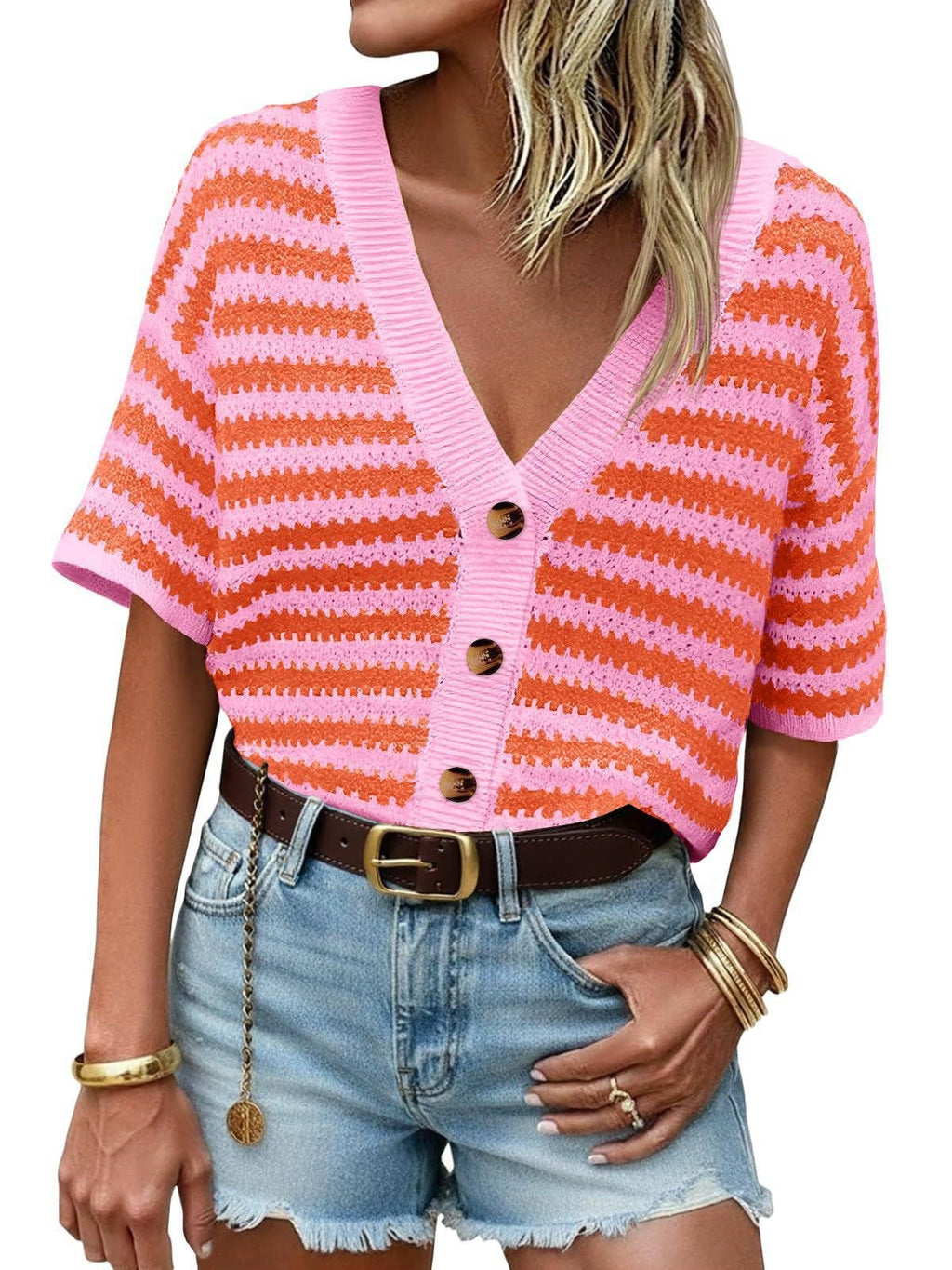 Striped Knit Cardigan Casual V Neck Button Front