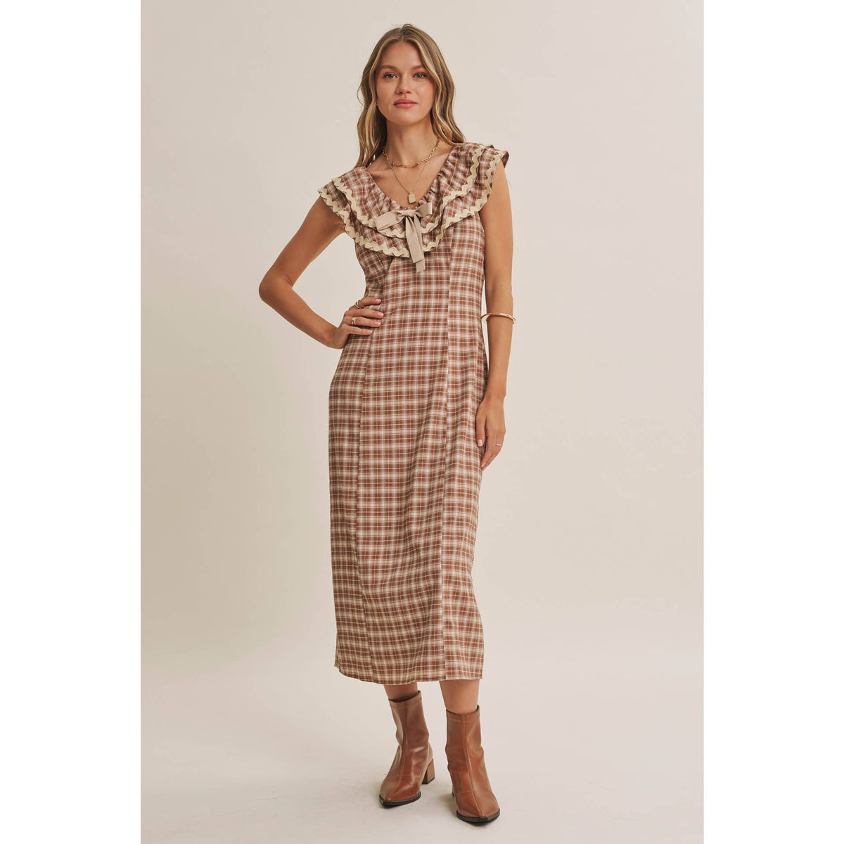AUTUMN HARVEST RUFFLED PLAID BODY SKIMMING SLIT MIDI DRESS