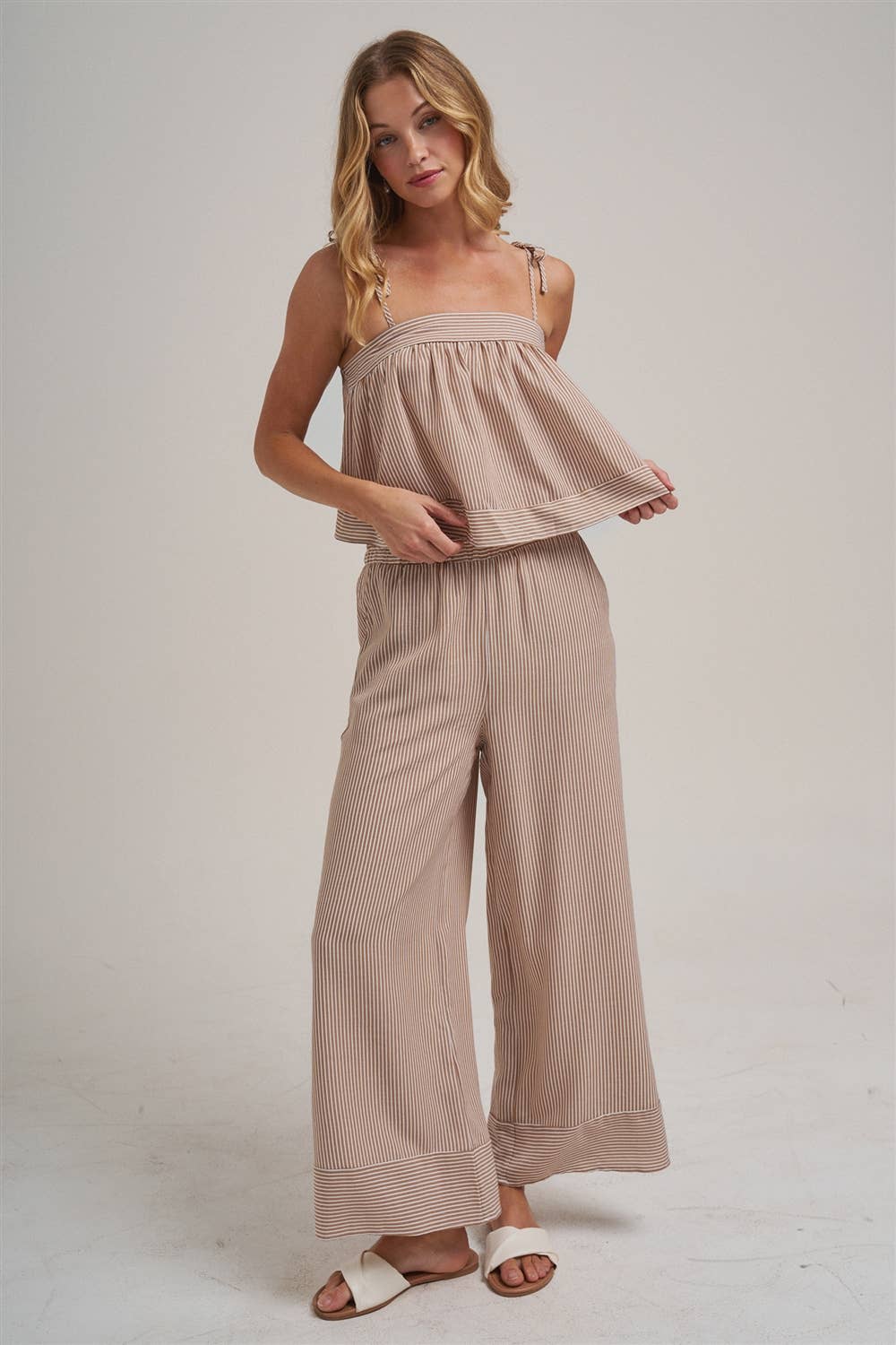 STRIPED TWO PIECE SET WITH FLOWY CAMI TOP AND WIDE LEG PANTS