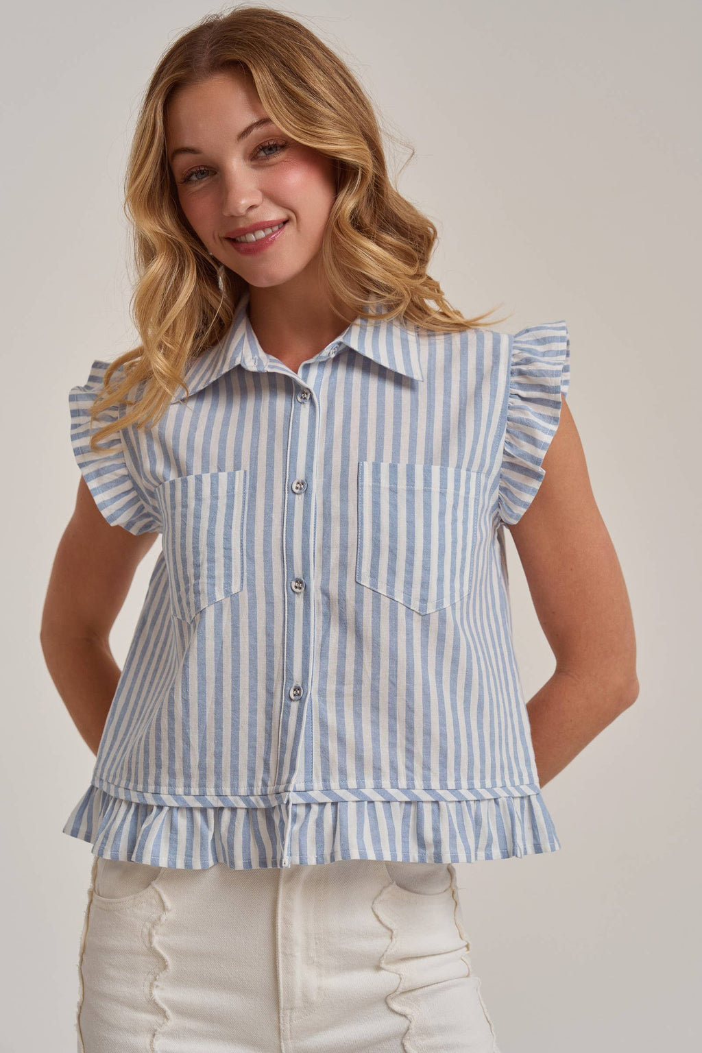 STRIPE BUTTON FRONT SLEEVELESS BLOUSE TOP