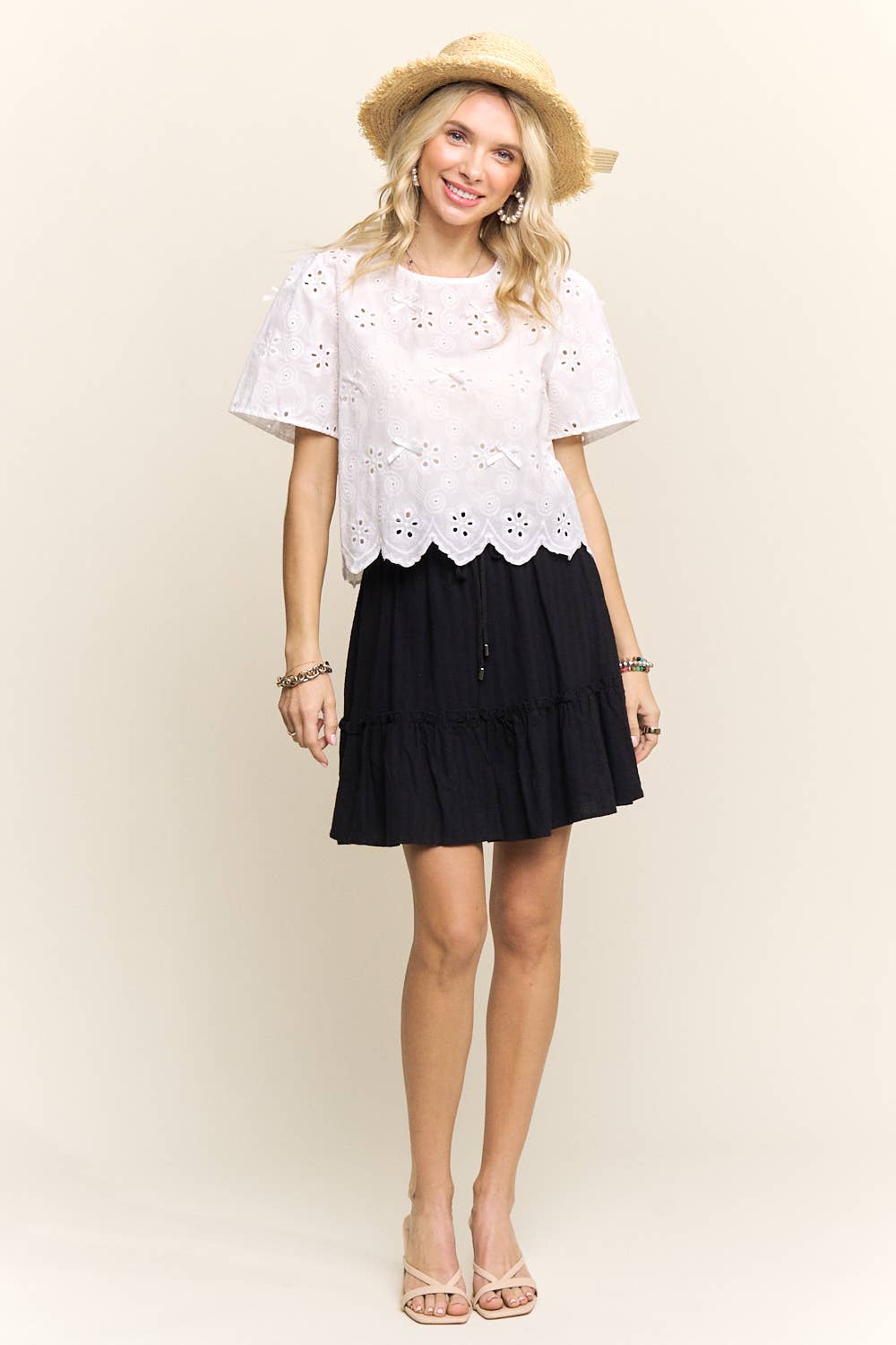 SHORT SLEEVE EYELET EMBROIDERED BLOUSE- LET4206
