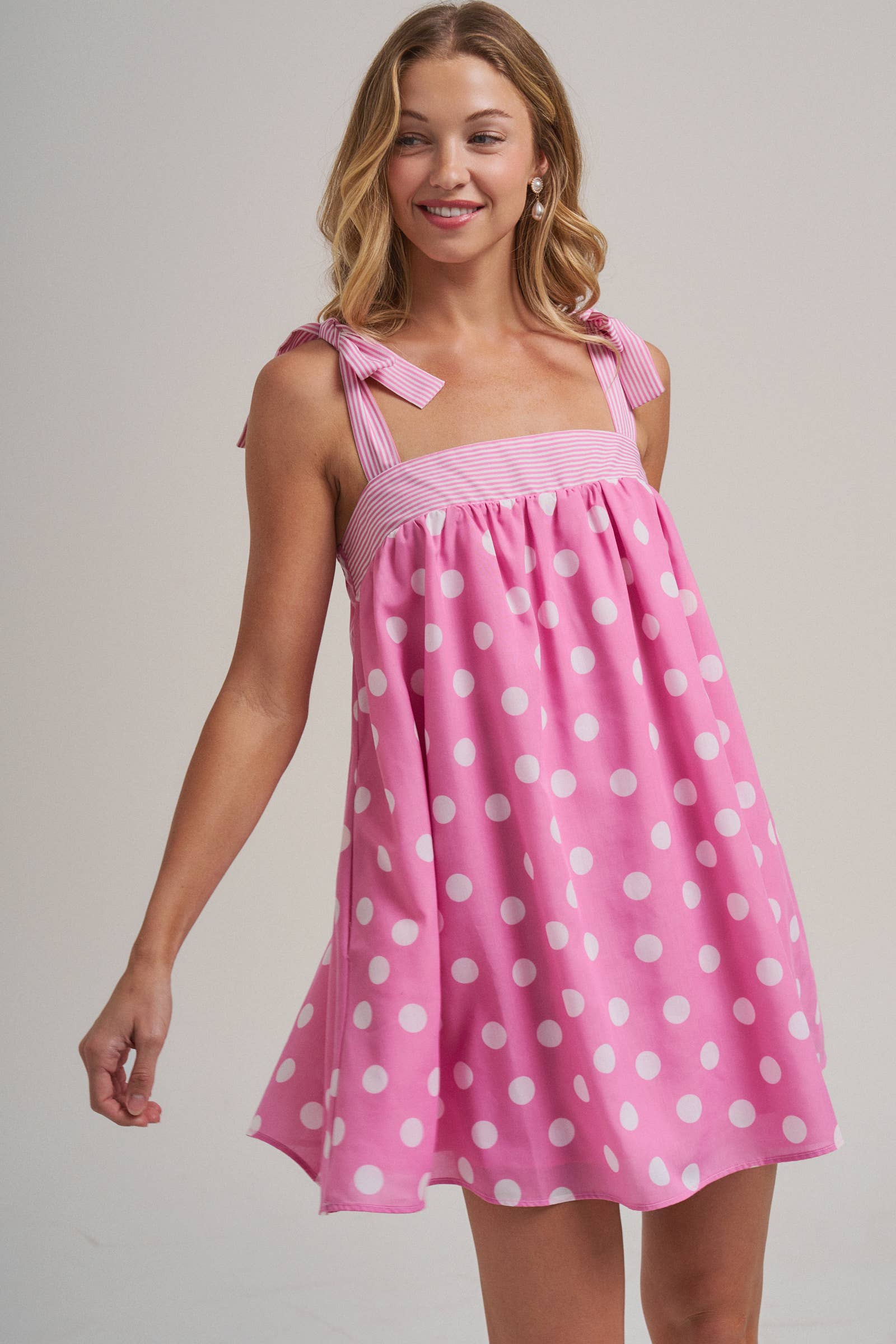 POLKA DOT BABYDOLL A LINE MINI DRESS WITH STRIPE BODICE