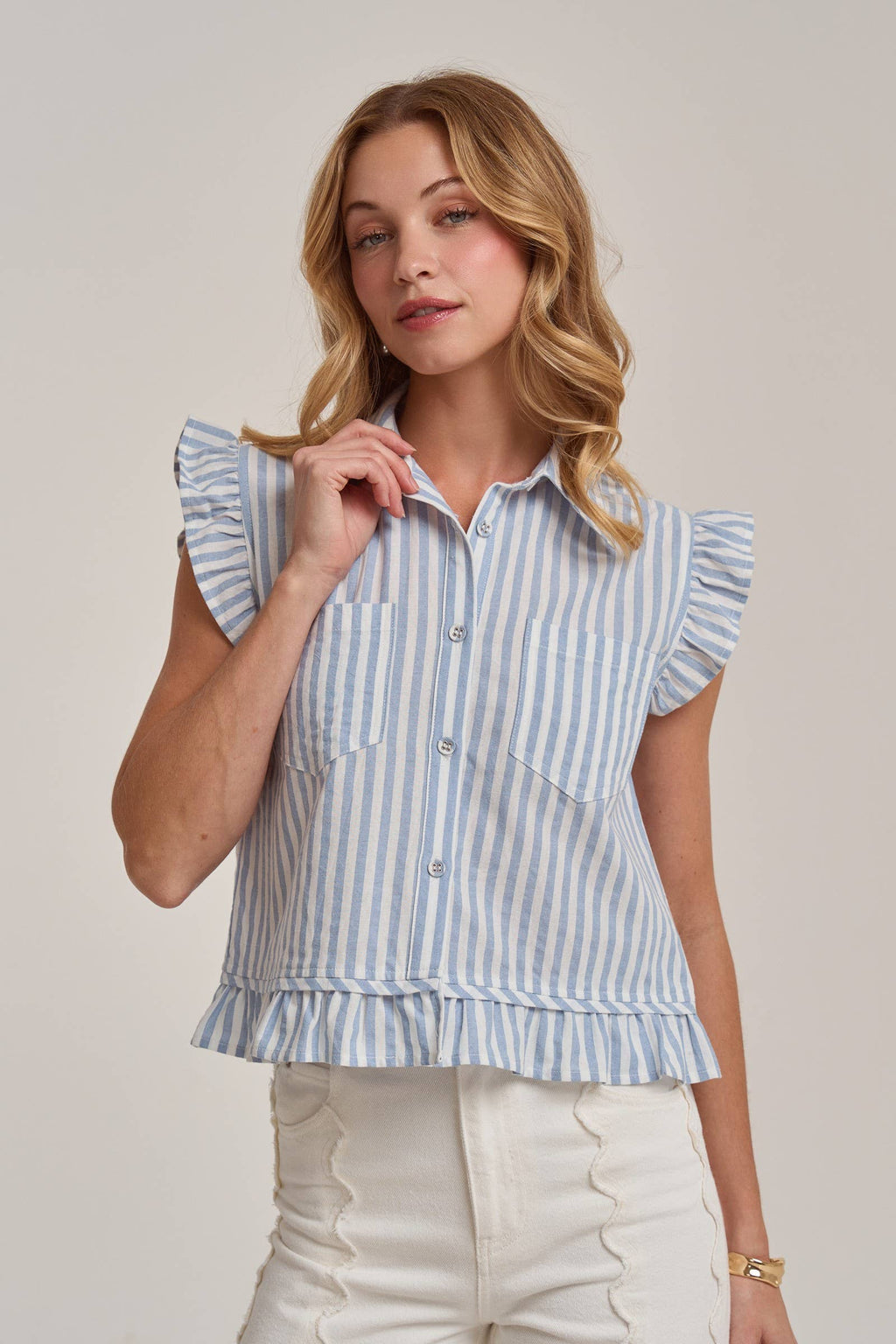 STRIPE BUTTON FRONT SLEEVELESS BLOUSE TOP