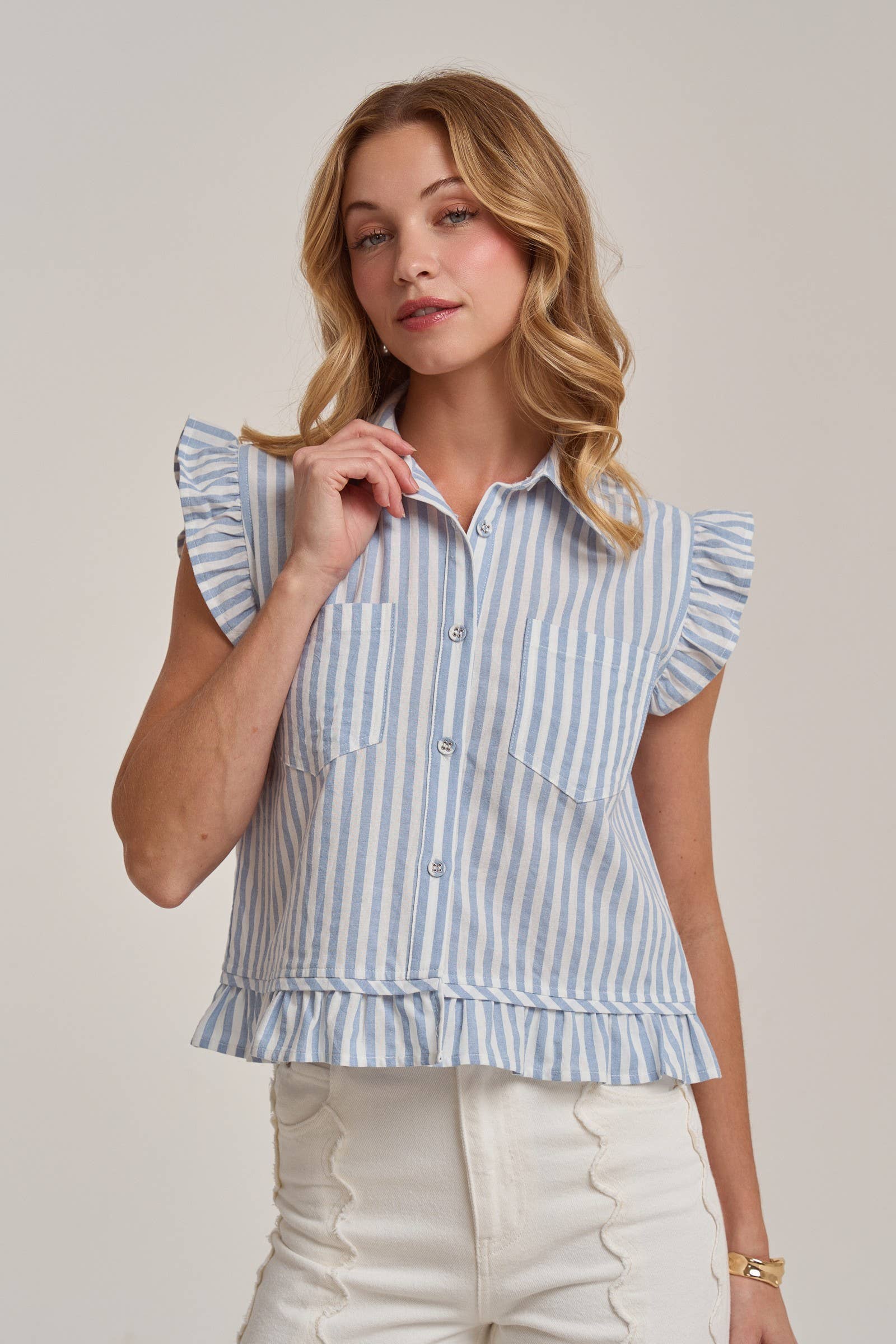STRIPE BUTTON FRONT SLEEVELESS BLOUSE TOP